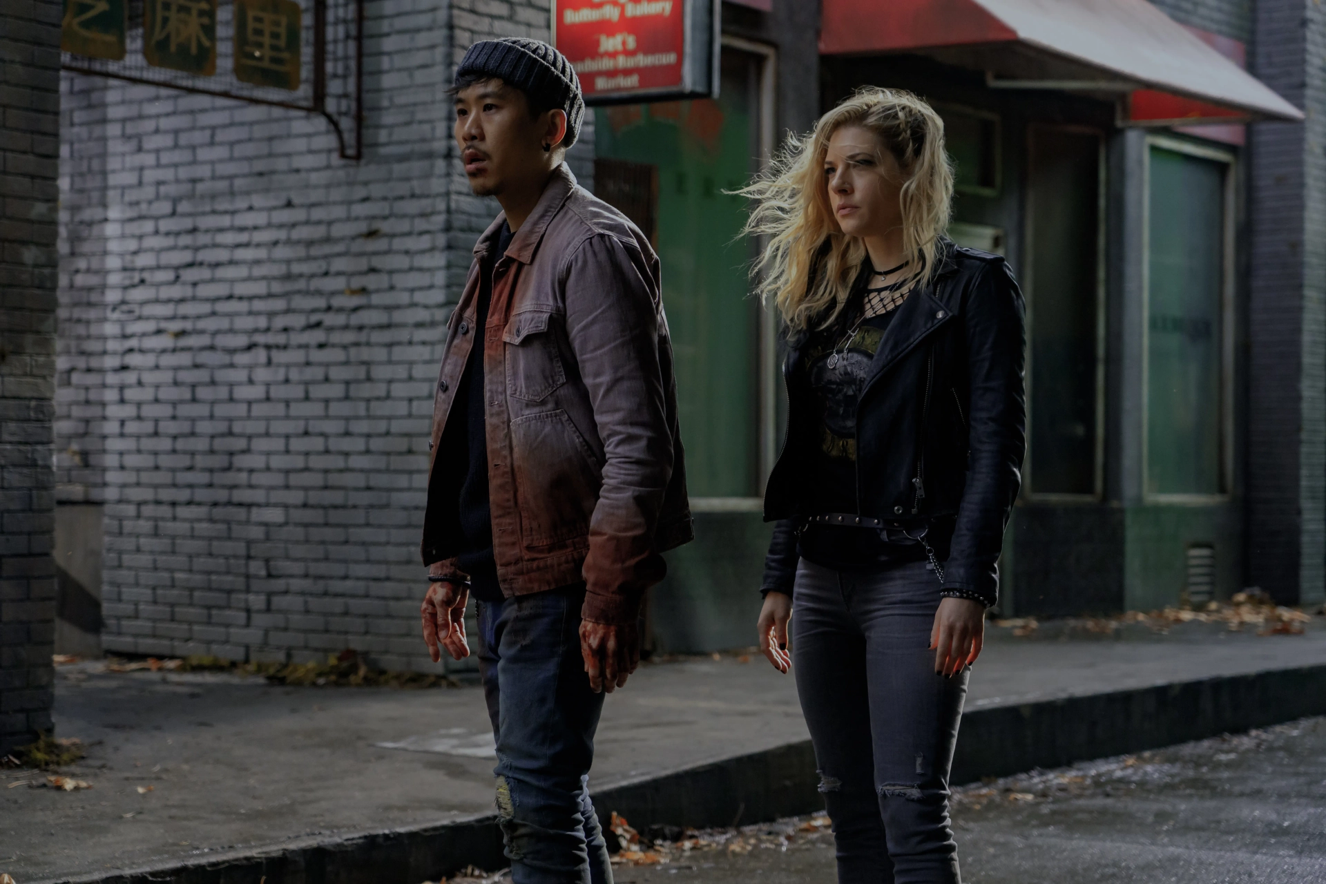 Katheryn Winnick and Lawrence Kao in Wu Assassins (2019)