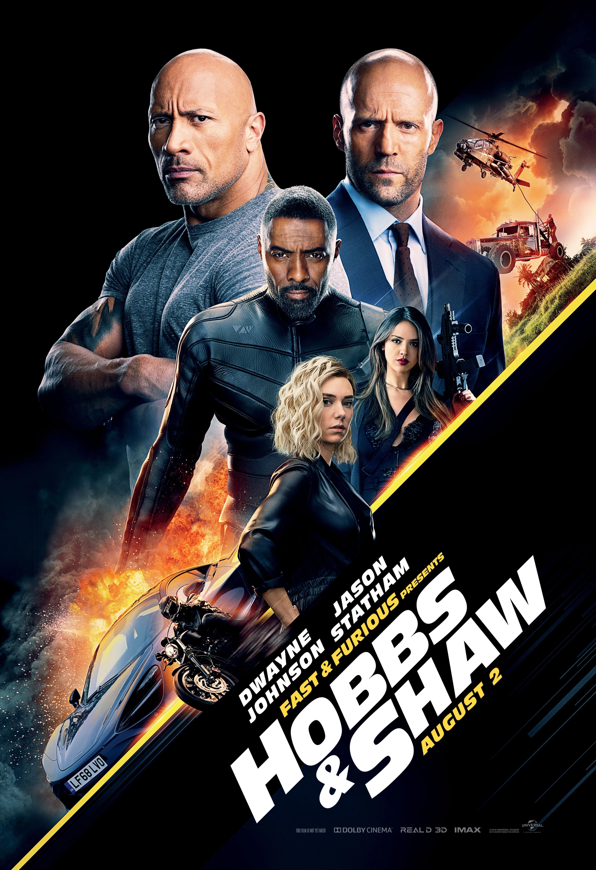 Ryan Reynolds, Jason Statham, Idris Elba, Dwayne Johnson, Eiza González, and Vanessa Kirby in Fast & Furious Presents: Hobbs & Shaw (2019)