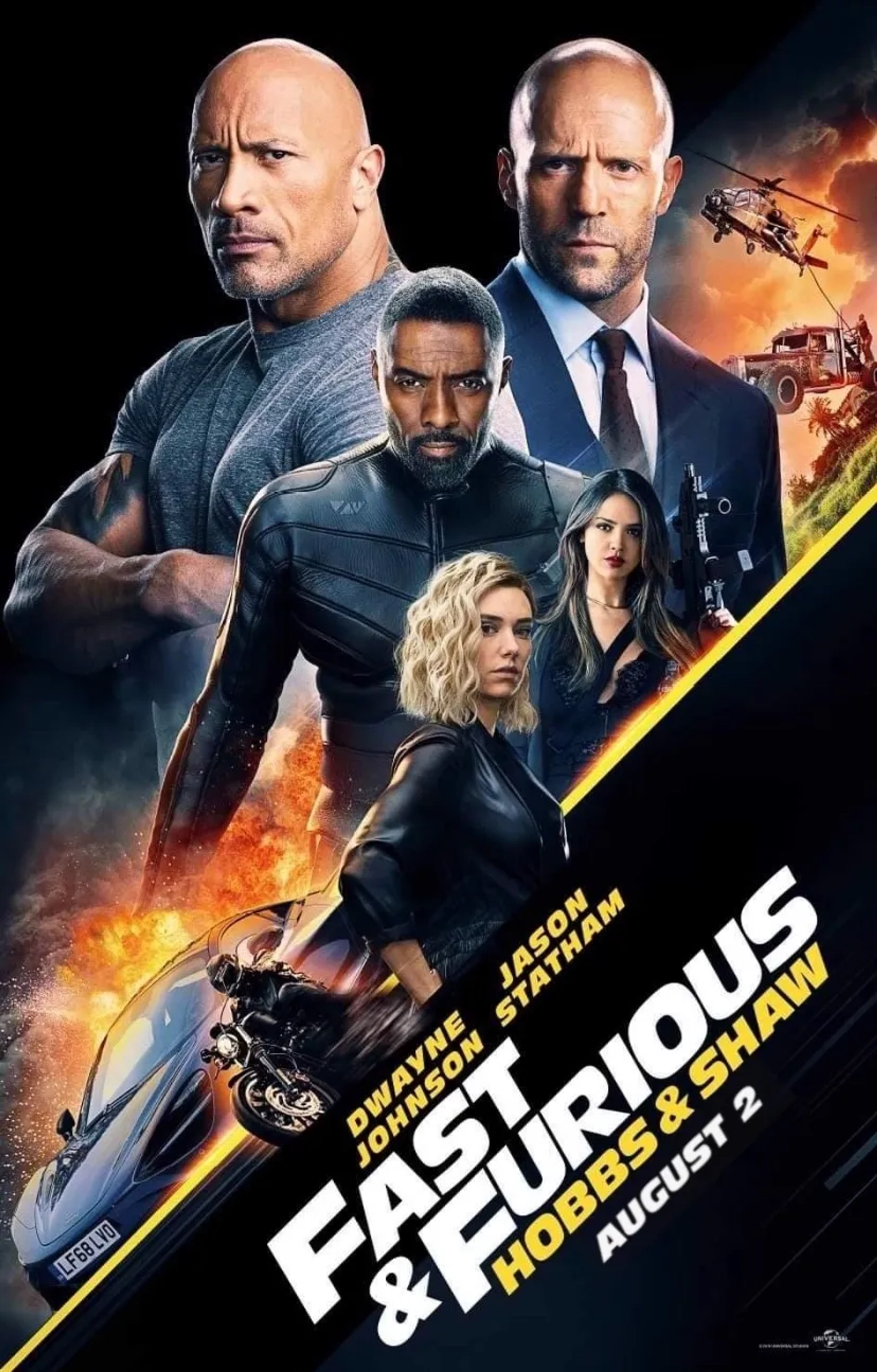 Jason Statham, Idris Elba, Dwayne Johnson, Eiza González, and Vanessa Kirby in Fast & Furious Presents: Hobbs & Shaw (2019)