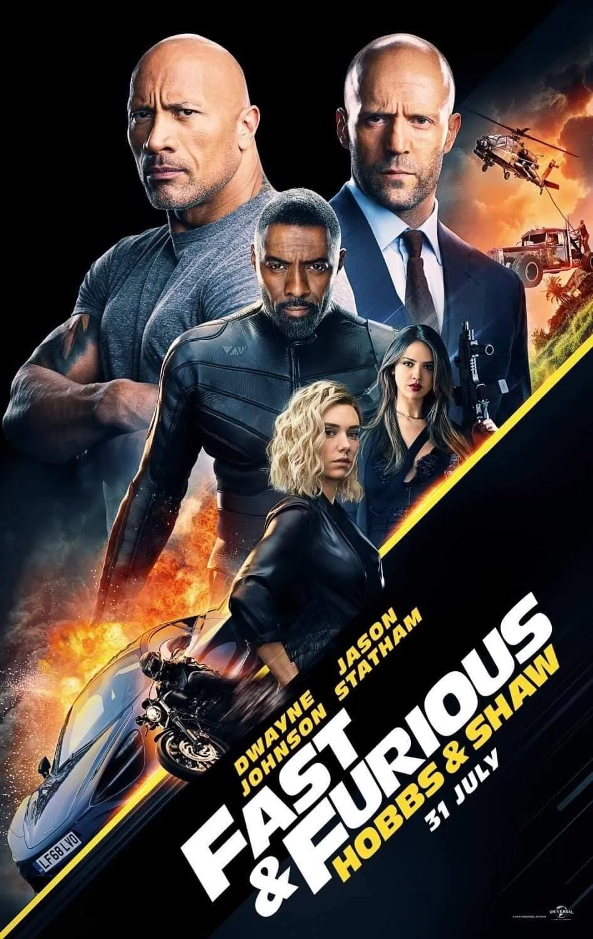 Jason Statham, Idris Elba, Dwayne Johnson, Eiza González, and Vanessa Kirby in Fast & Furious Presents: Hobbs & Shaw (2019)