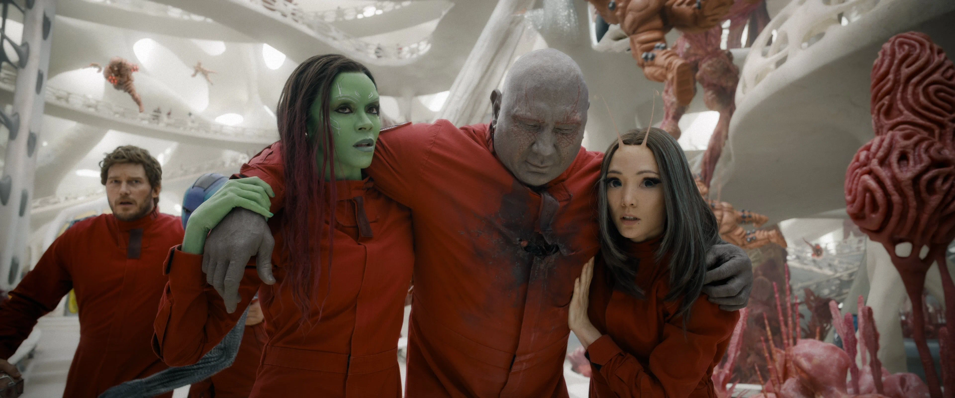 Chris Pratt, Zoe Saldana, Dave Bautista, and Pom Klementieff in Guardians of the Galaxy Vol. 3 (2023)