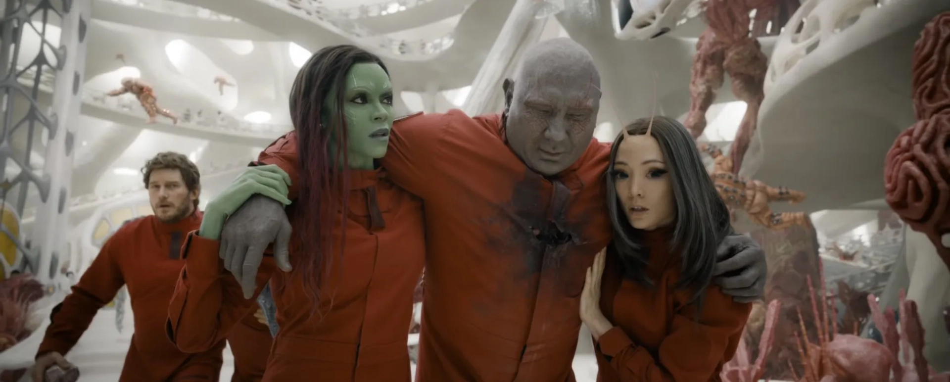 Chris Pratt, Zoe Saldana, Dave Bautista, and Pom Klementieff in Guardians of the Galaxy Vol. 3 (2023)