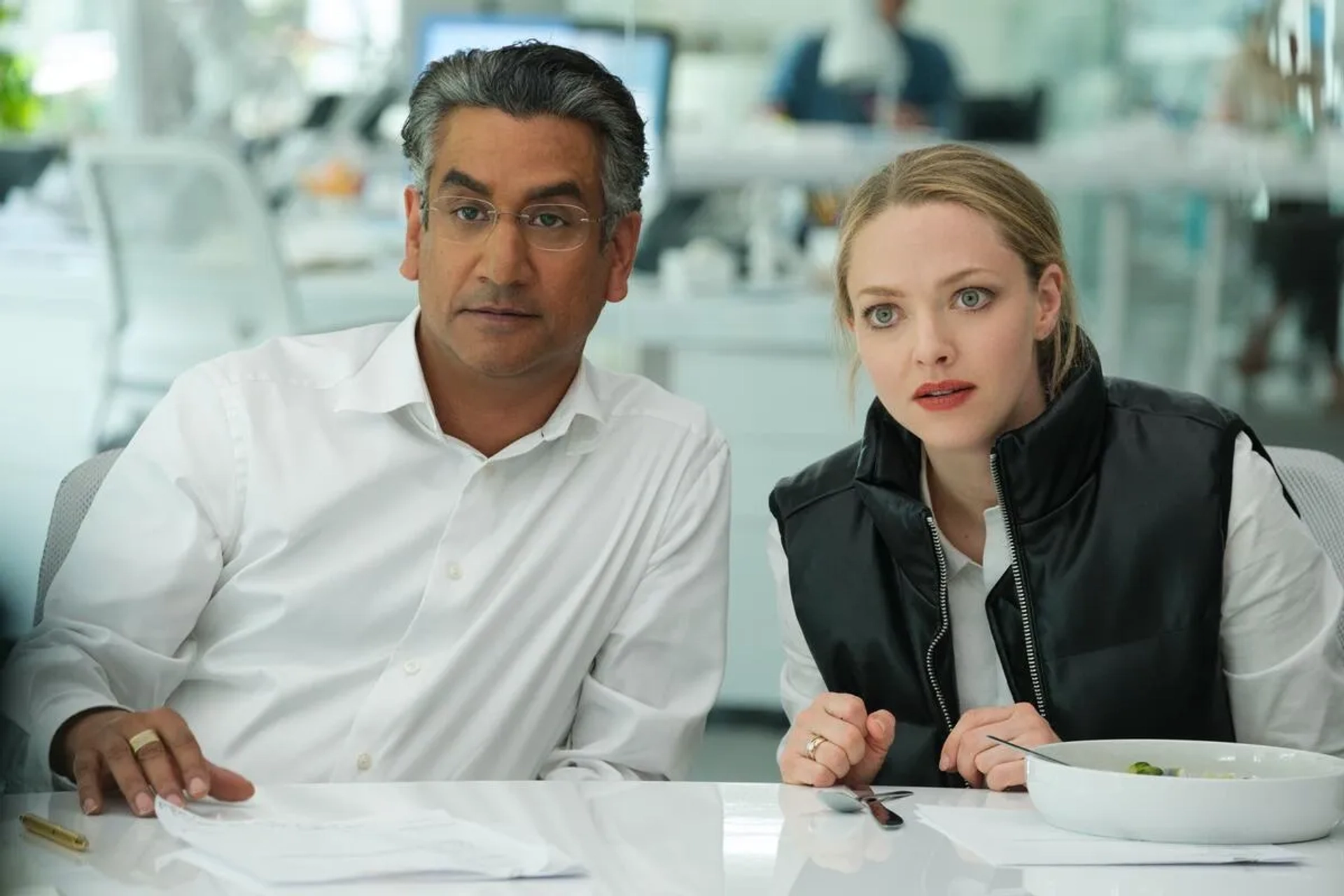 Naveen Andrews, Amanda Seyfried, and Utkarsh Ambudkar in The Dropout (2022)