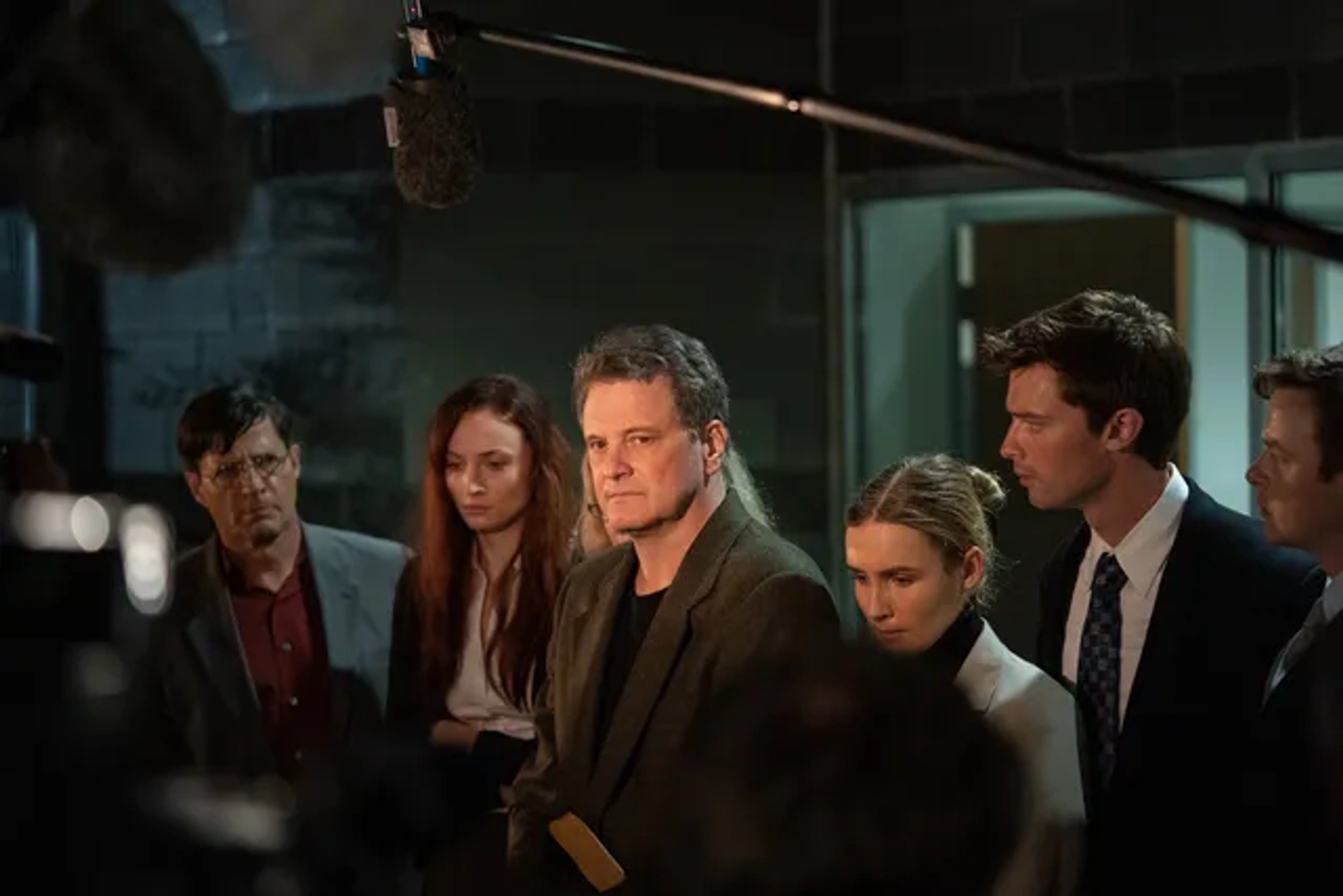 Colin Firth, Tim Guinee, Patrick Schwarzenegger, Sophie Turner, and Olivia DeJonge in The Staircase (2022)