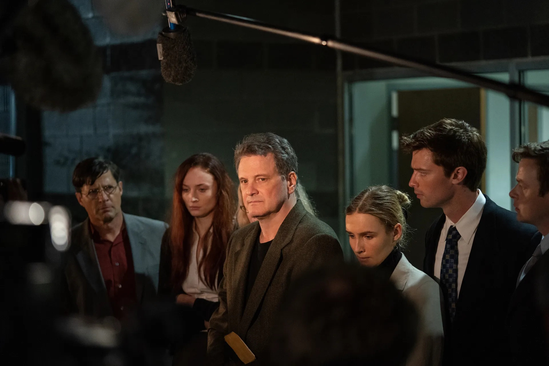 Colin Firth, Tim Guinee, Patrick Schwarzenegger, Dane DeHaan, Sophie Turner, and Olivia DeJonge in The Staircase (2022)