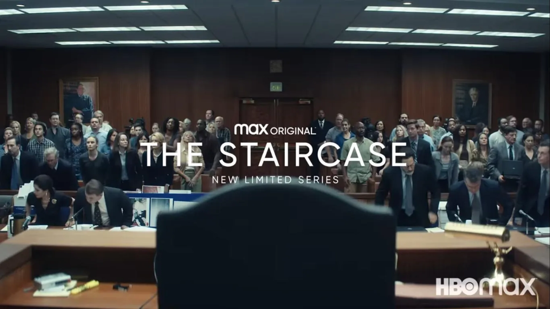 Colin Firth, Parker Posey, Tim Guinee, Michael Stuhlbarg, Kevin Sizemore, Cullen Moss, Justice Leak, Rosemarie DeWitt, Maria Dizzia, Sophie Turner, and Olivia DeJonge in The Staircase (2022)