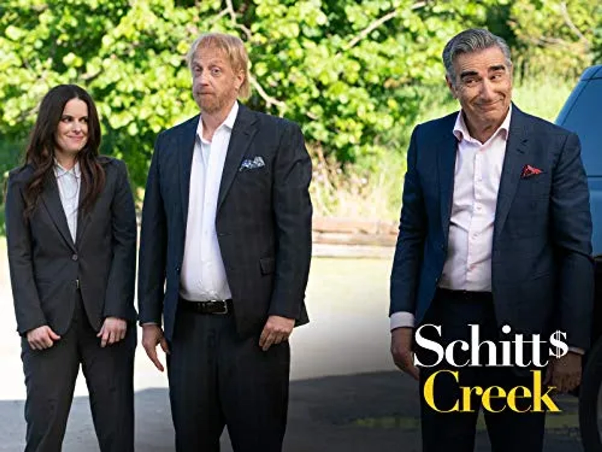 Chris Elliott, Emily Hampshire, and Eugene Levy in Schitt's Creek: The Pitch (2020)