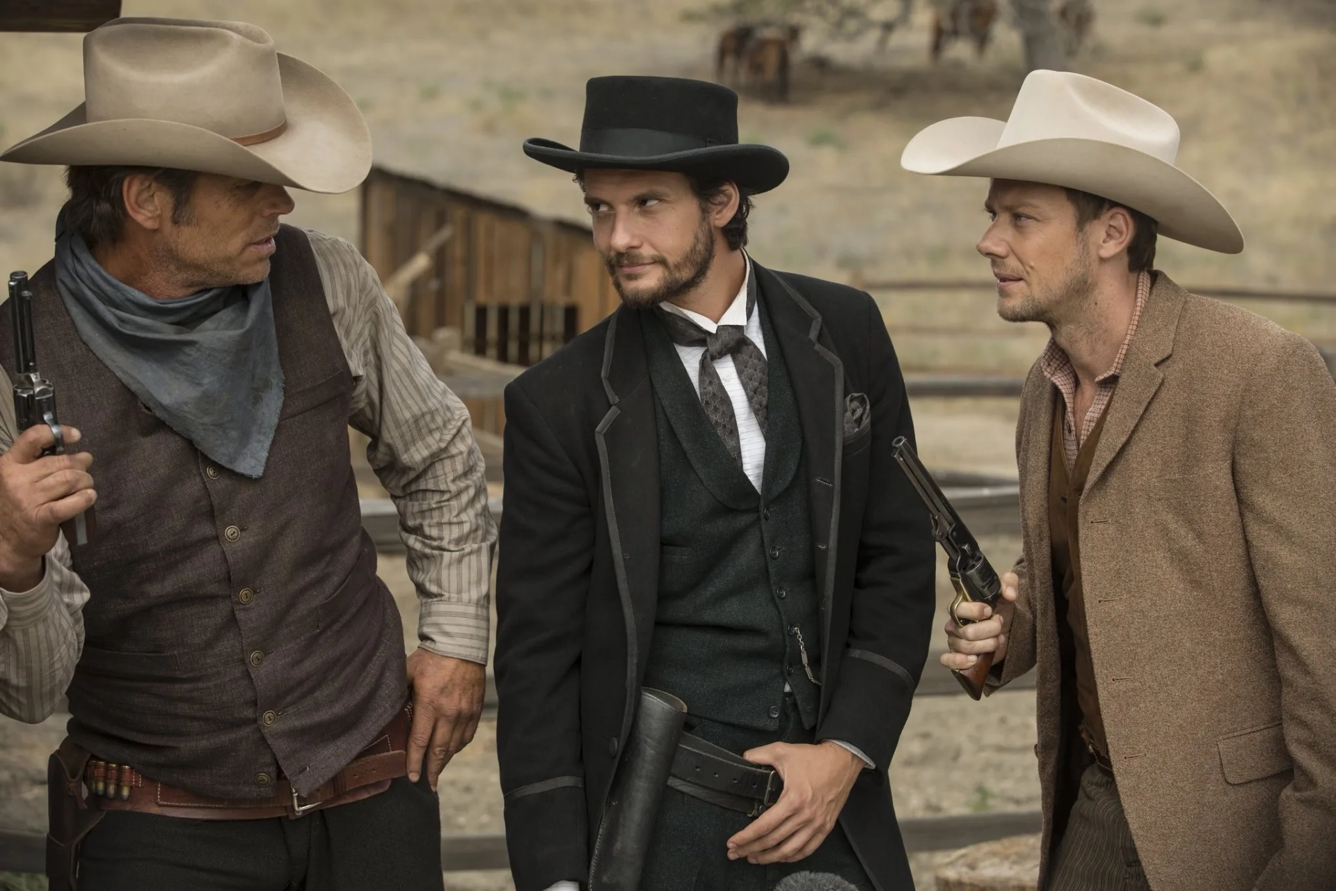 Chris Browning, Jimmi Simpson, and Ben Barnes in Westworld (2016)