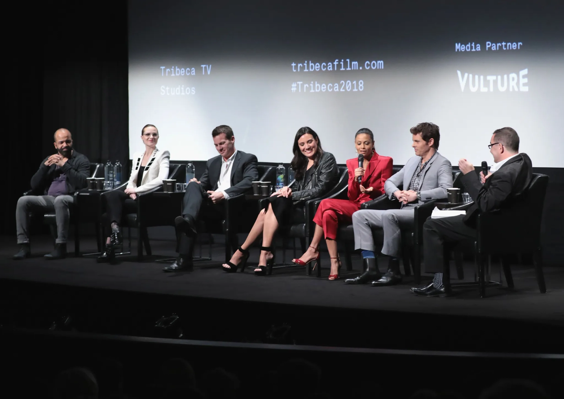 James Marsden, Thandiwe Newton, Jonathan Nolan, Christopher Orr, Evan Rachel Wood, Jeffrey Wright, and Lisa Joy at an event for Westworld (2016)