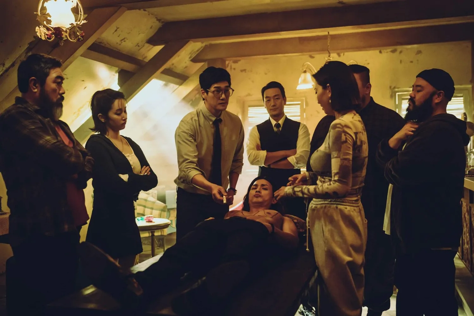 Yoo Ji-tae, Kim Ji-hoon, Lee Won-jong, Lee Hyun-woo, Jang Yoon-ju, Park Hae-soo, and Jeon Jong-seo in Money Heist: Korea - Joint Economic Area (2022)