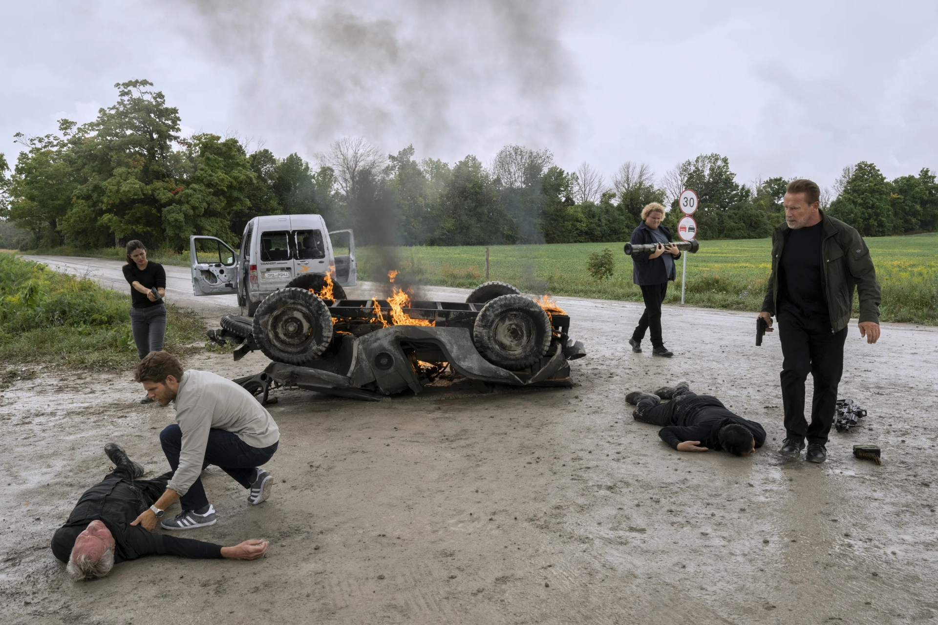 Arnold Schwarzenegger, Travis Van Winkle, Fortune Feimster, and Monica Barbaro in FUBAR (2023)