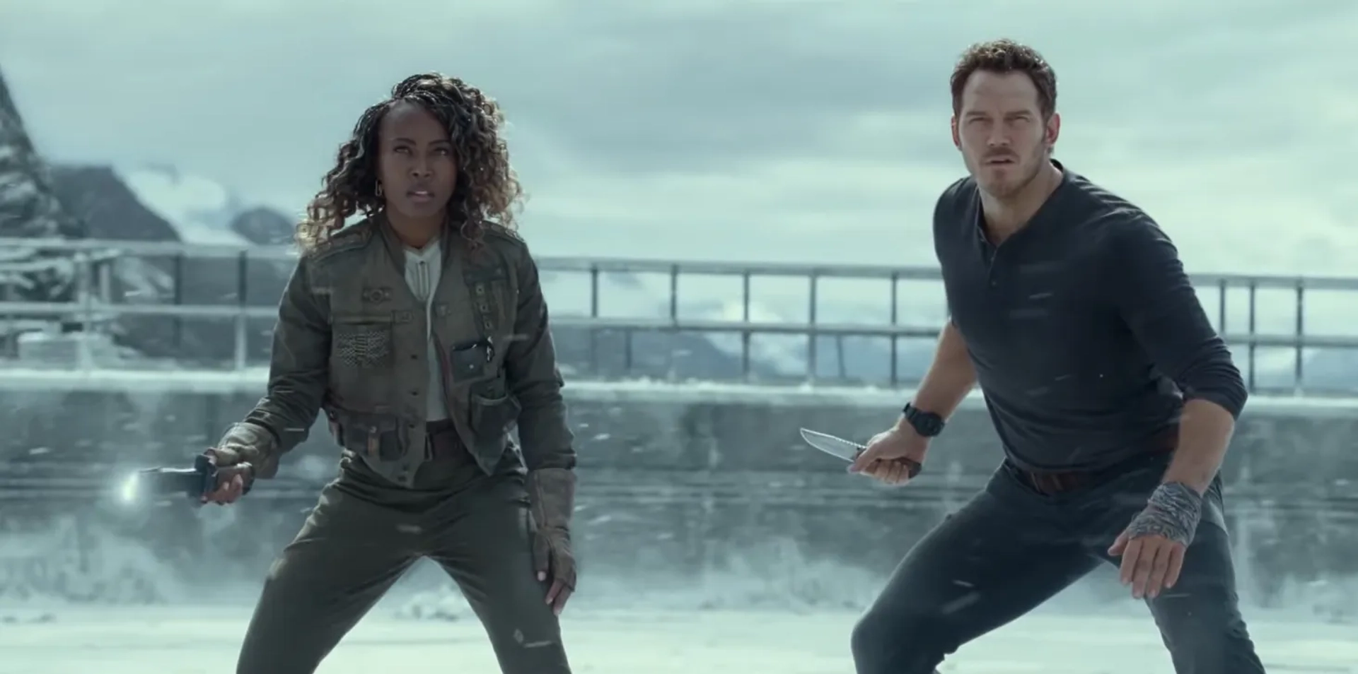 Chris Pratt and DeWanda Wise in Jurassic World Dominion (2022)