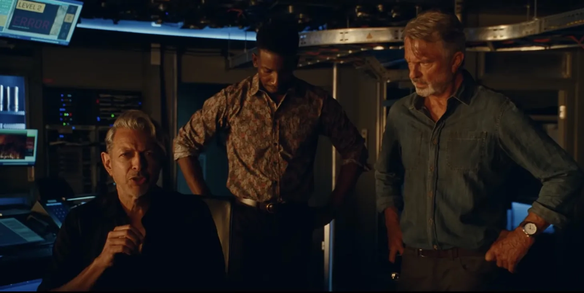 Jeff Goldblum, Sam Neill, and Mamoudou Athie in Jurassic World Dominion (2022)