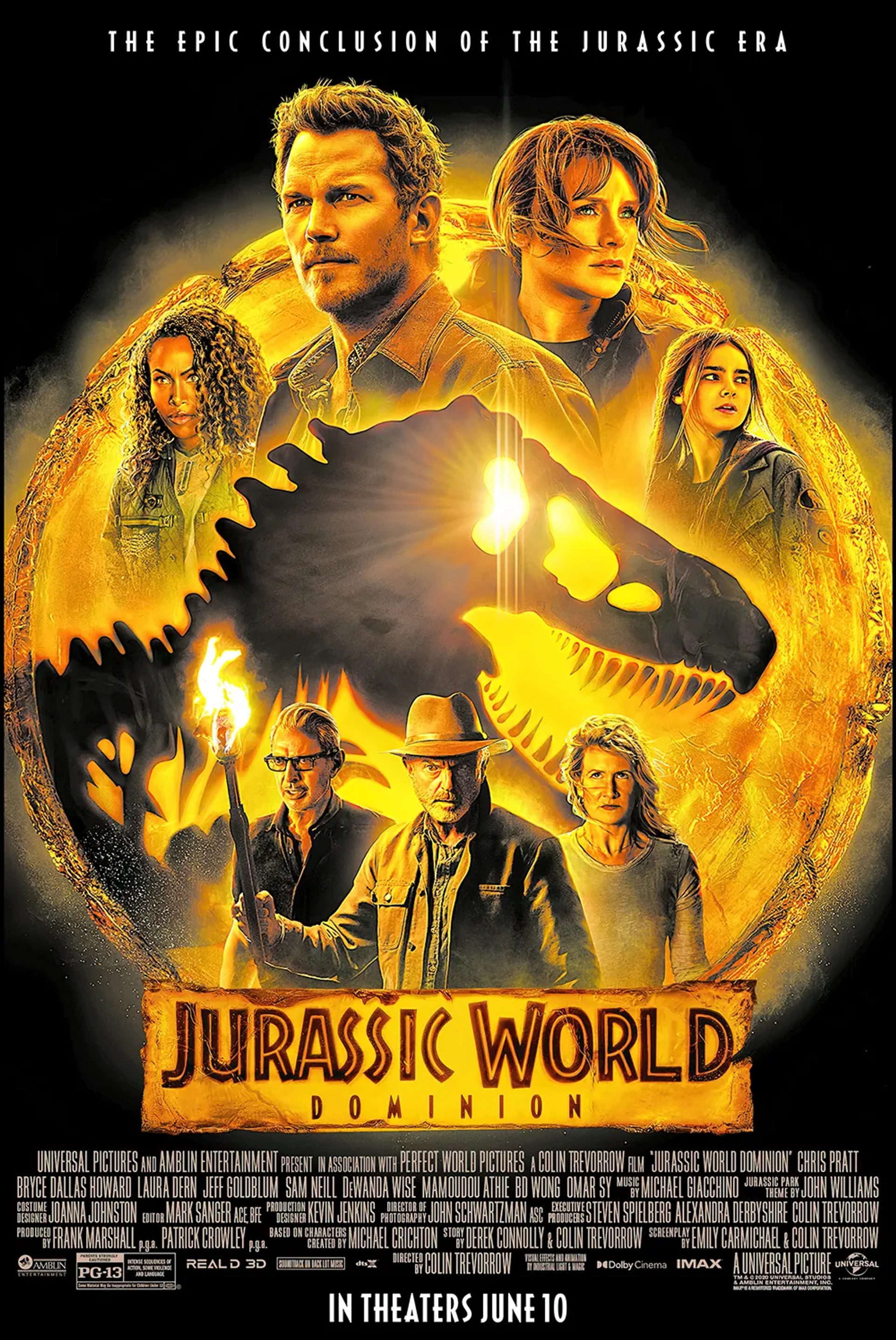 Jeff Goldblum, Laura Dern, Sam Neill, Bryce Dallas Howard, Chris Pratt, DeWanda Wise, and Isabella Sermon in Jurassic World Dominion (2022)