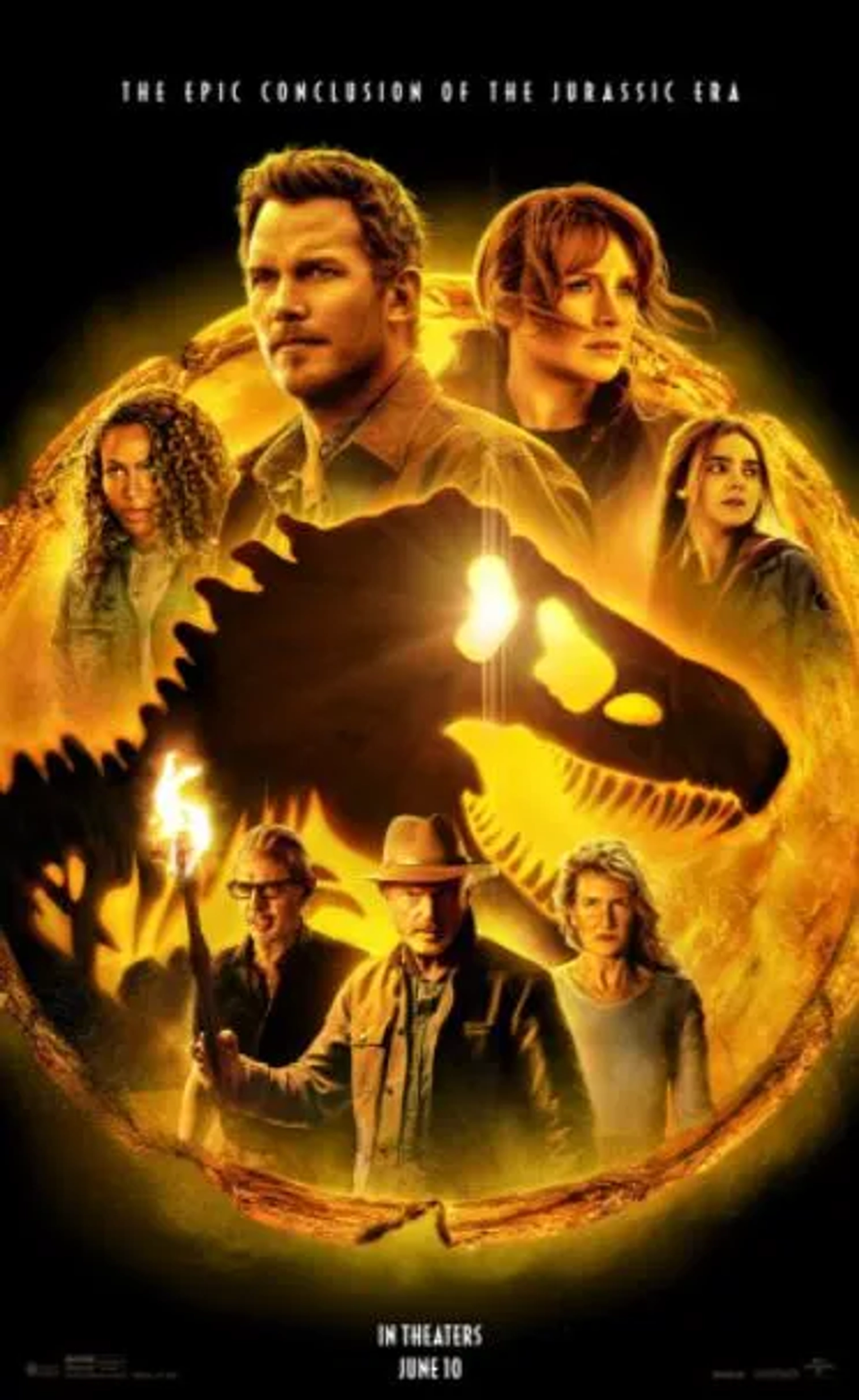 Jeff Goldblum, Laura Dern, Sam Neill, Bryce Dallas Howard, Chris Pratt, Dichen Lachman, and DeWanda Wise in Jurassic World Dominion (2022)