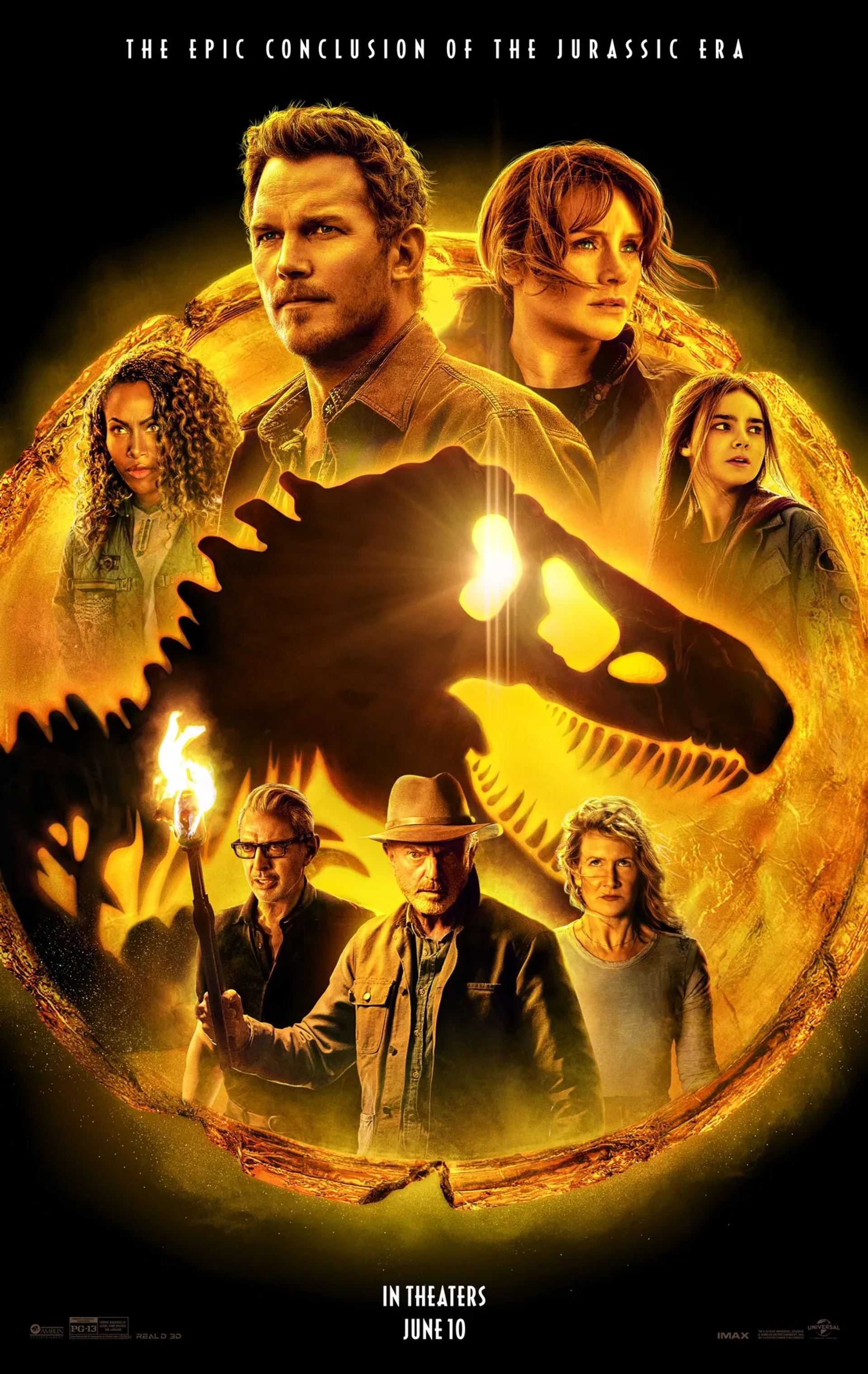 Jeff Goldblum, Laura Dern, Sam Neill, Bryce Dallas Howard, Chris Pratt, DeWanda Wise, and Isabella Sermon in Jurassic World Dominion (2022)