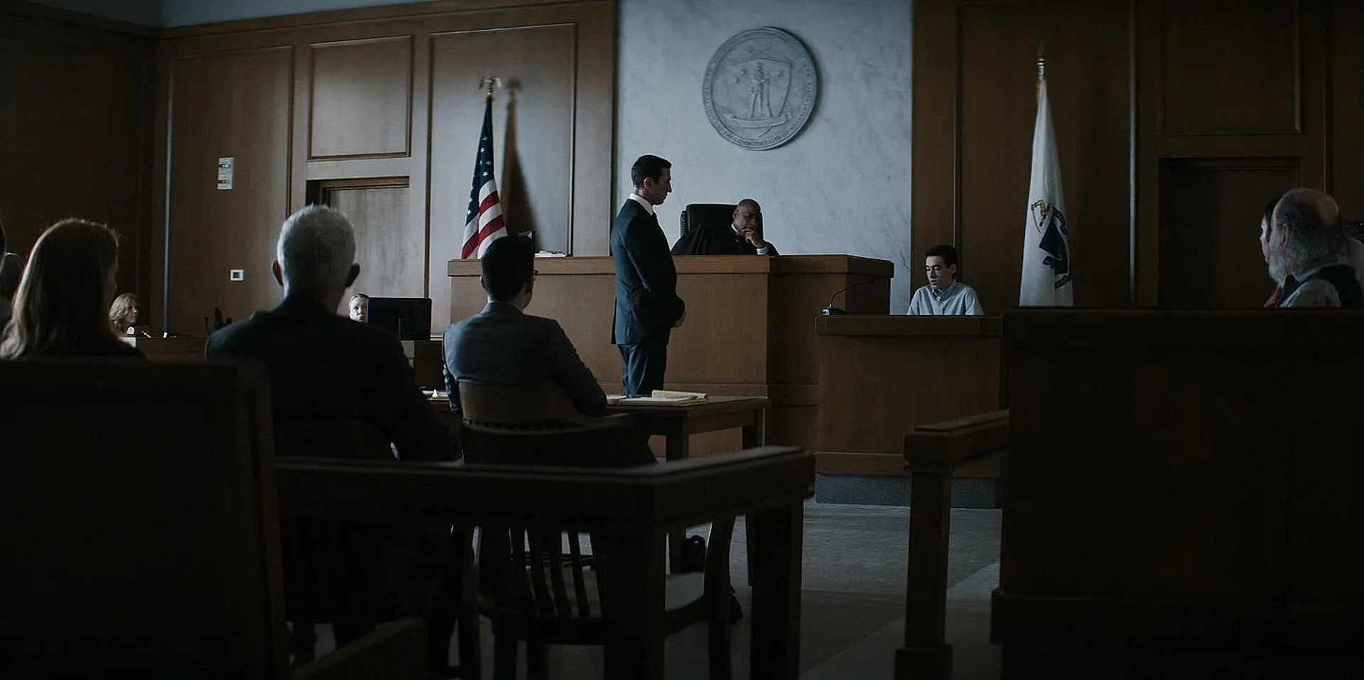 Daryl Edwards, Patrick Fischler, Pablo Schreiber, Megan Byrne, and Ben Taylor in Defending Jacob (2020)