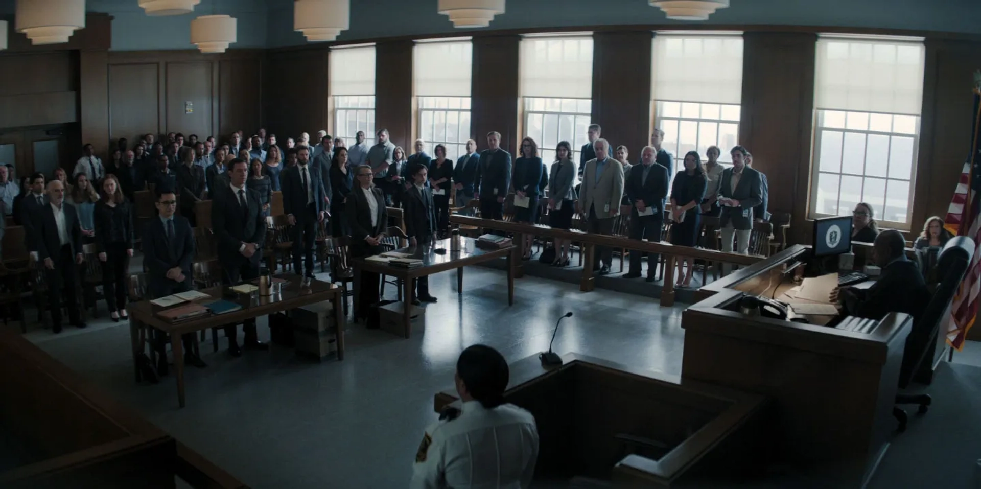 Daryl Edwards, Chris Evans, Patrick Fischler, Cherry Jones, Pablo Schreiber, Megan Byrne, Michelle Dockery, Betty Gabriel, and Jaeden Martell in Defending Jacob (2020)