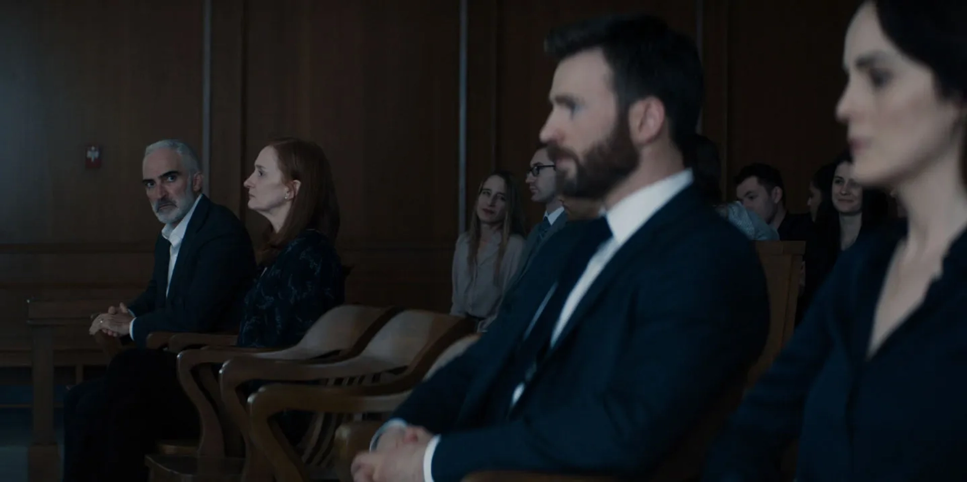 Chris Evans, Patrick Fischler, Megan Byrne, and Michelle Dockery in Defending Jacob (2020)