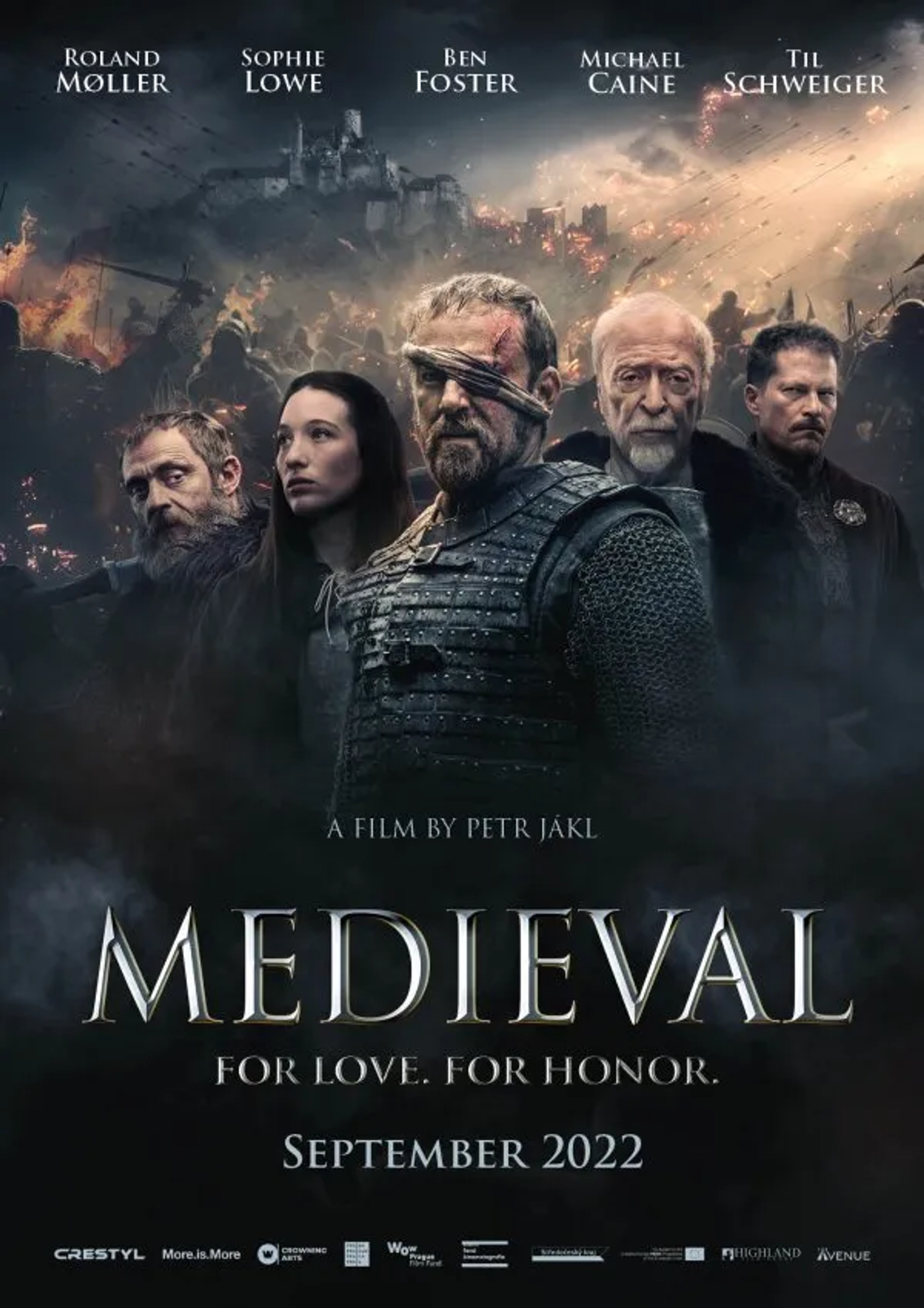 Michael Caine, Til Schweiger, Ben Foster, Sophie Lowe, and Roland Møller in Medieval (2022)