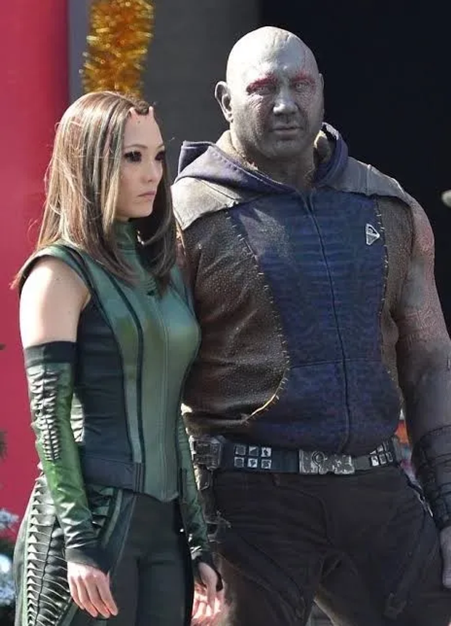 Dave Bautista and Pom Klementieff in The Guardians of the Galaxy Holiday Special (2022)