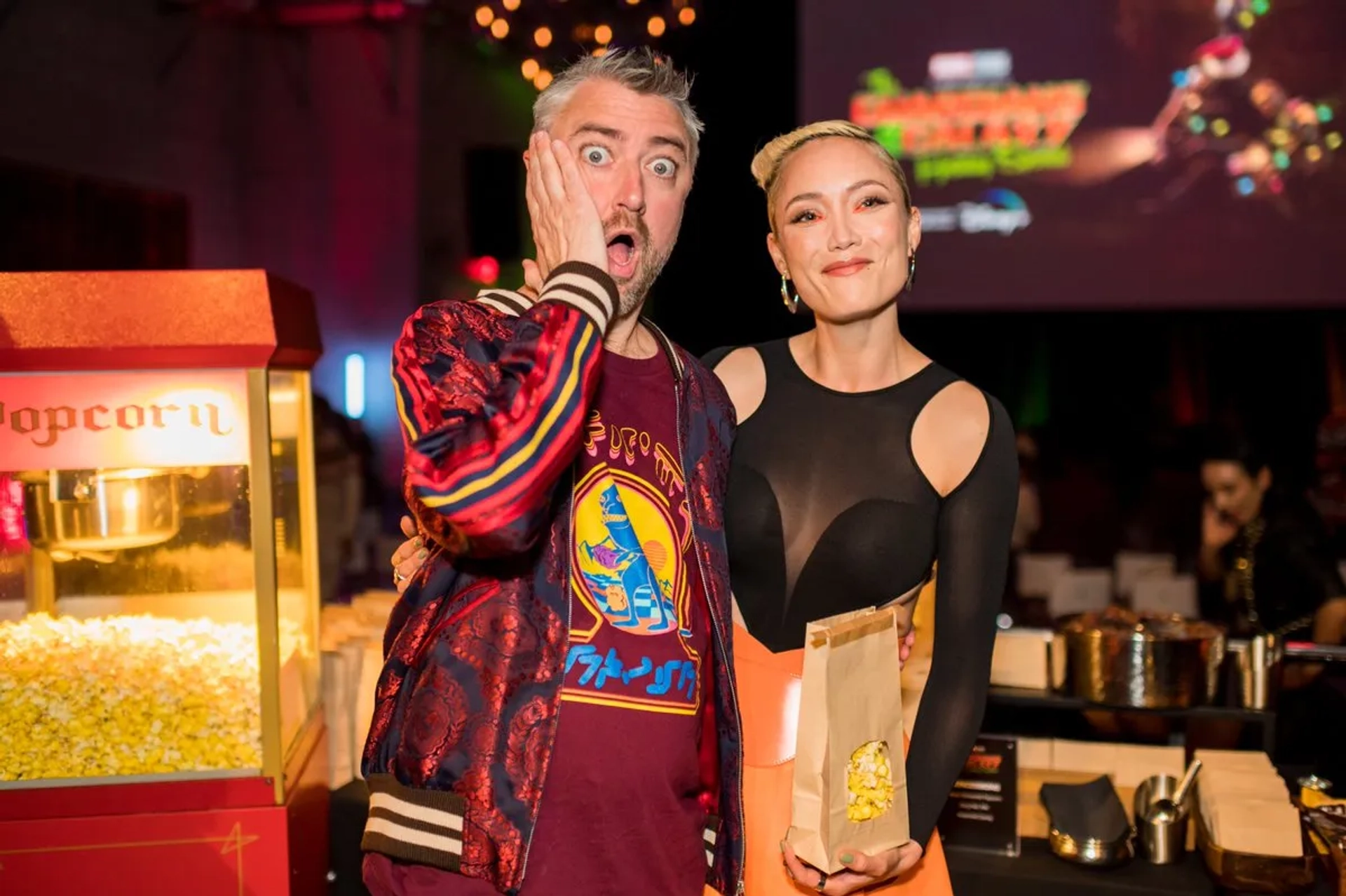 Sean Gunn and Pom Klementieff at an event for The Guardians of the Galaxy Holiday Special (2022)