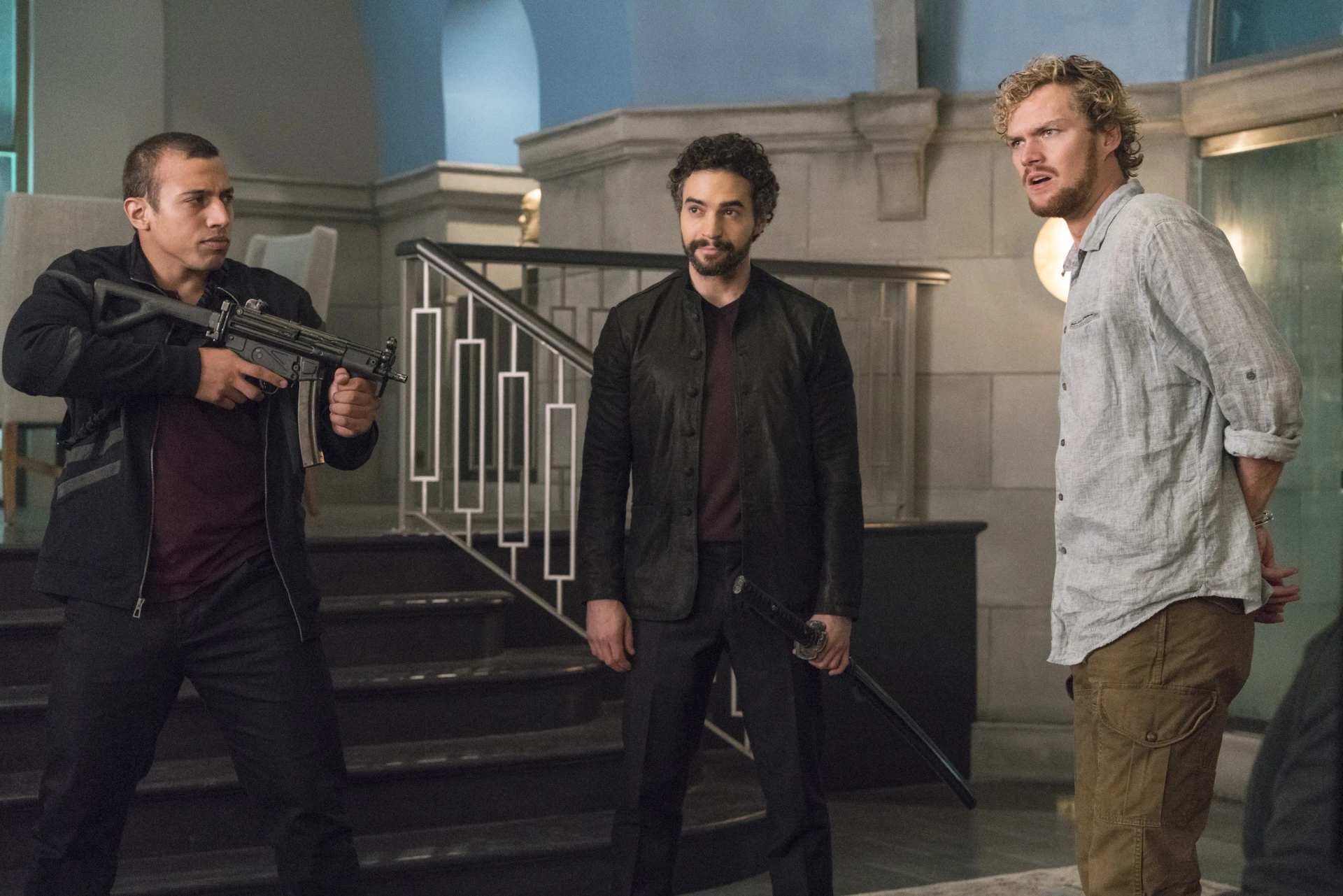 Ramón Rodríguez, Finn Jones, and Anand Bhatt in Iron Fist (2017)