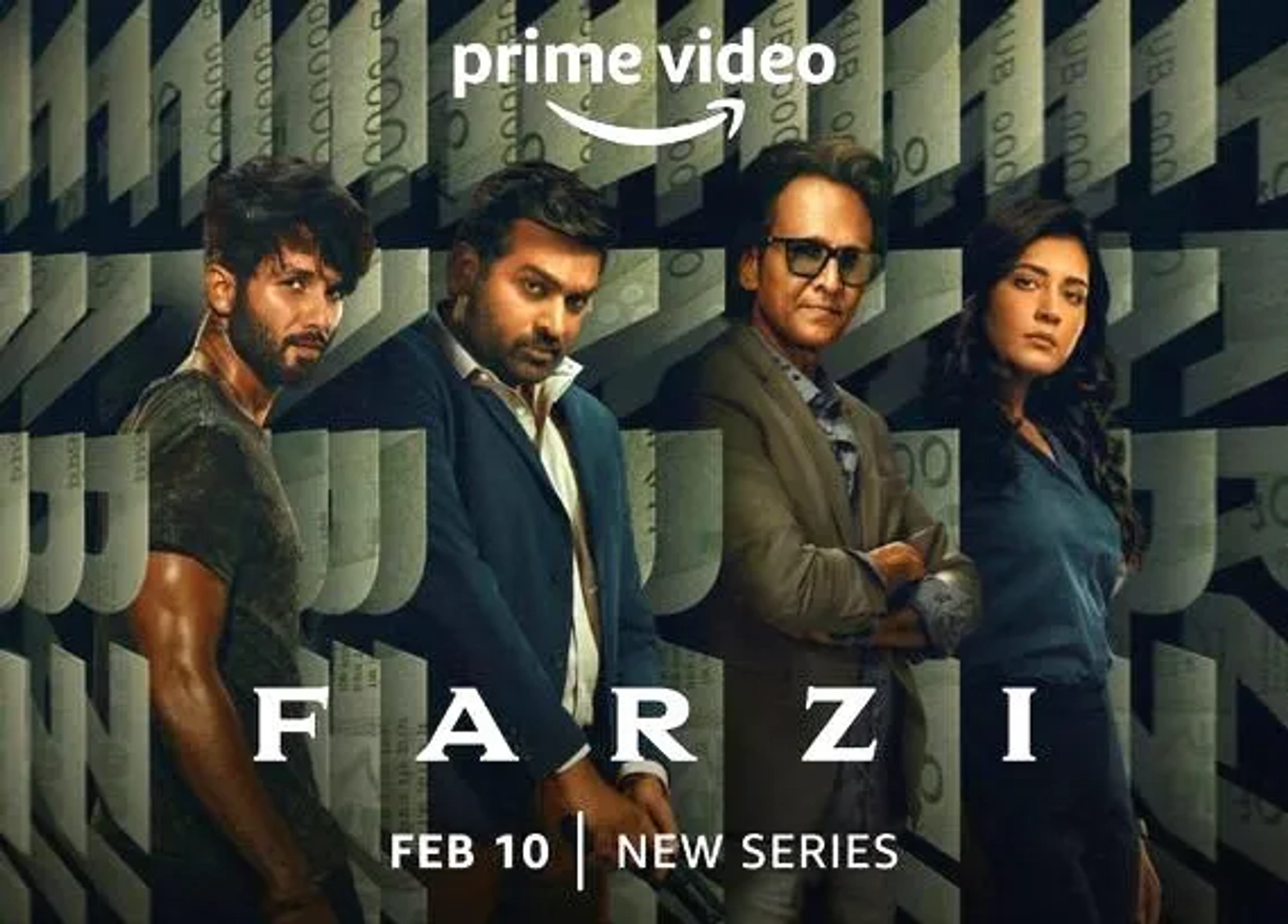 Shahid Kapoor, Kay Kay Menon, Vijay Sethupathi, and Raashi Khanna in Farzi (2023)