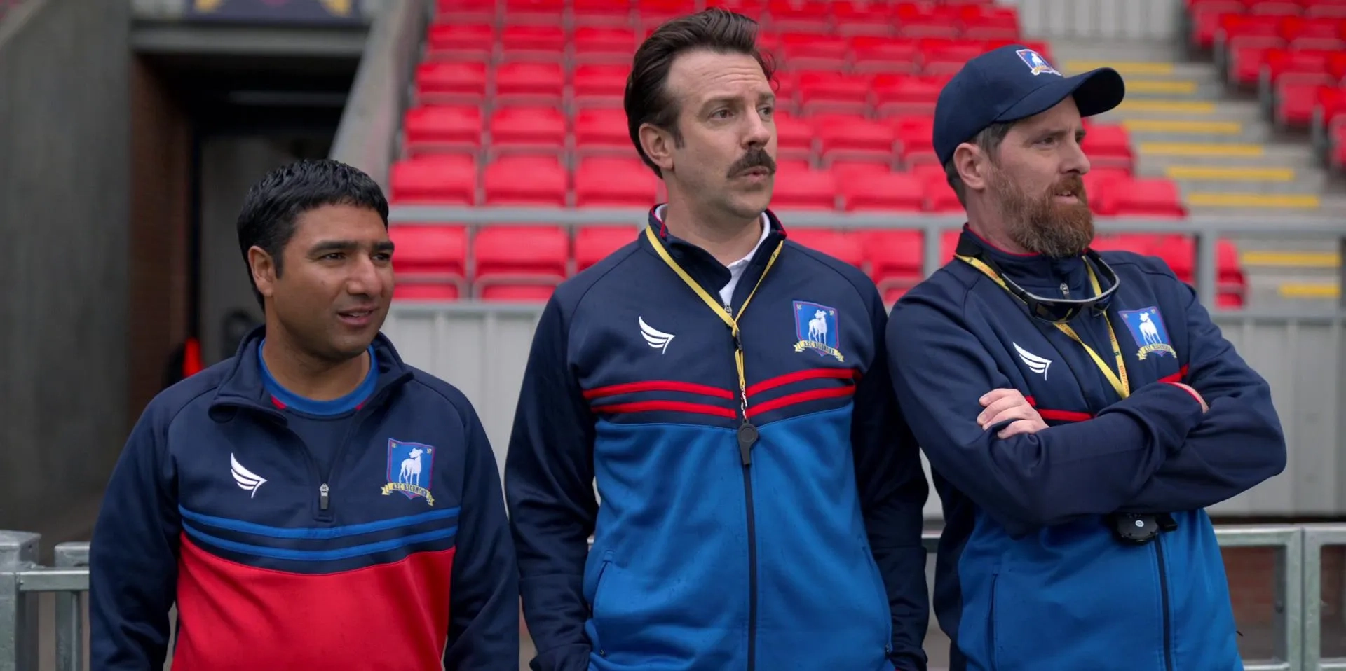 Brendan Hunt, Jason Sudeikis, and Nick Mohammed in Ted Lasso (2020)