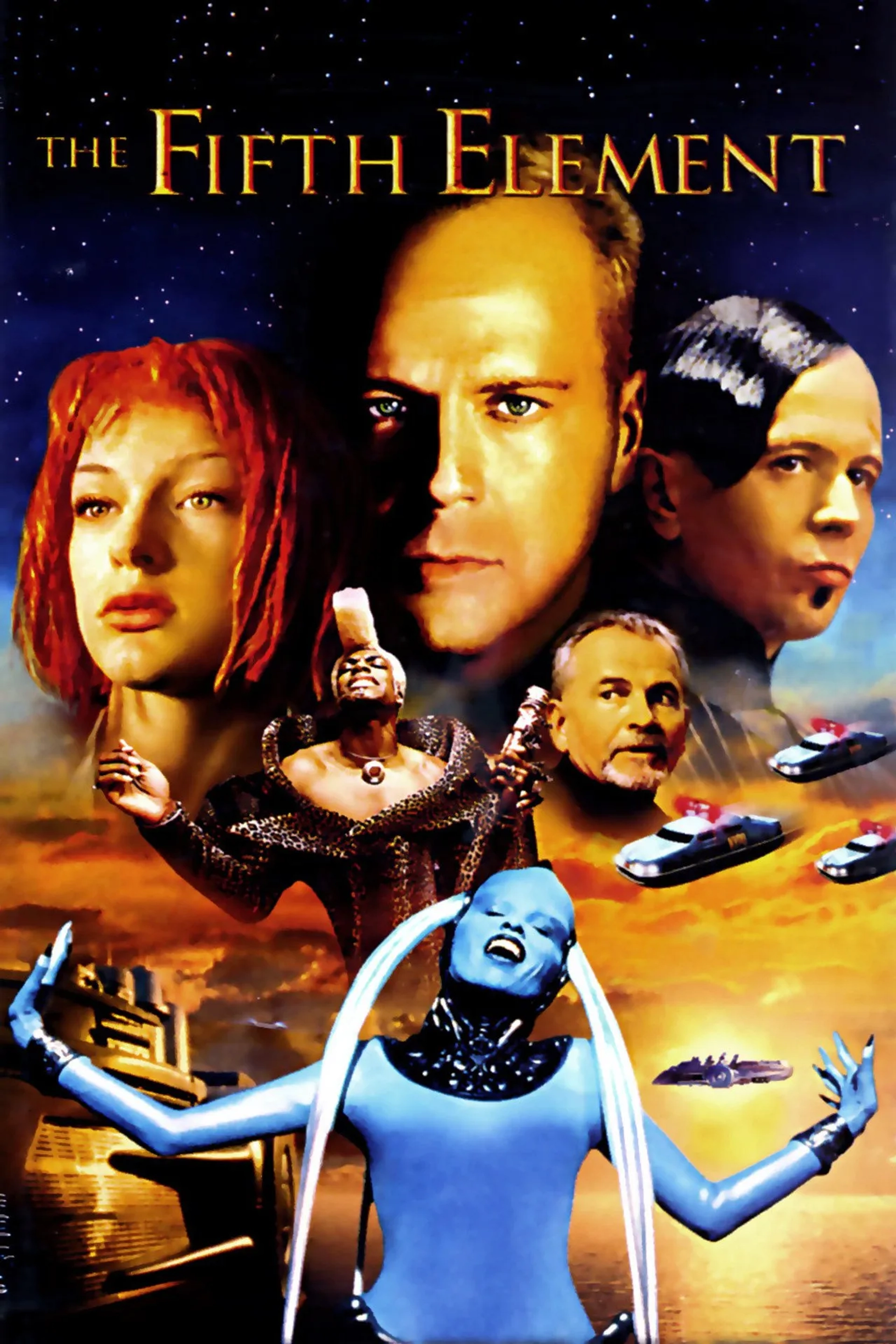 Milla Jovovich, Gary Oldman, Bruce Willis, Ian Holm, Chris Tucker, and Maïwenn in The Fifth Element (1997)