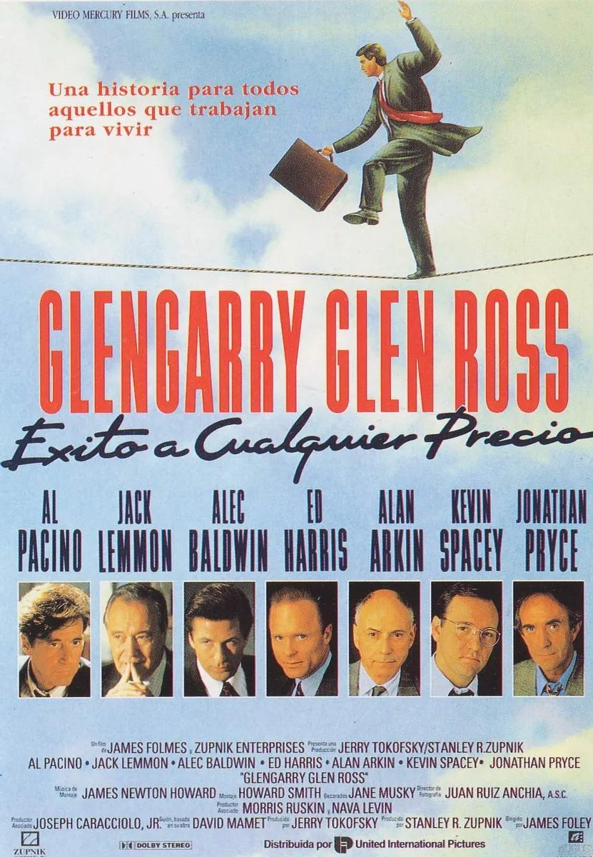 Al Pacino, Kevin Spacey, Alan Arkin, Alec Baldwin, Ed Harris, Jack Lemmon, and Jonathan Pryce in Glengarry Glen Ross (1992)