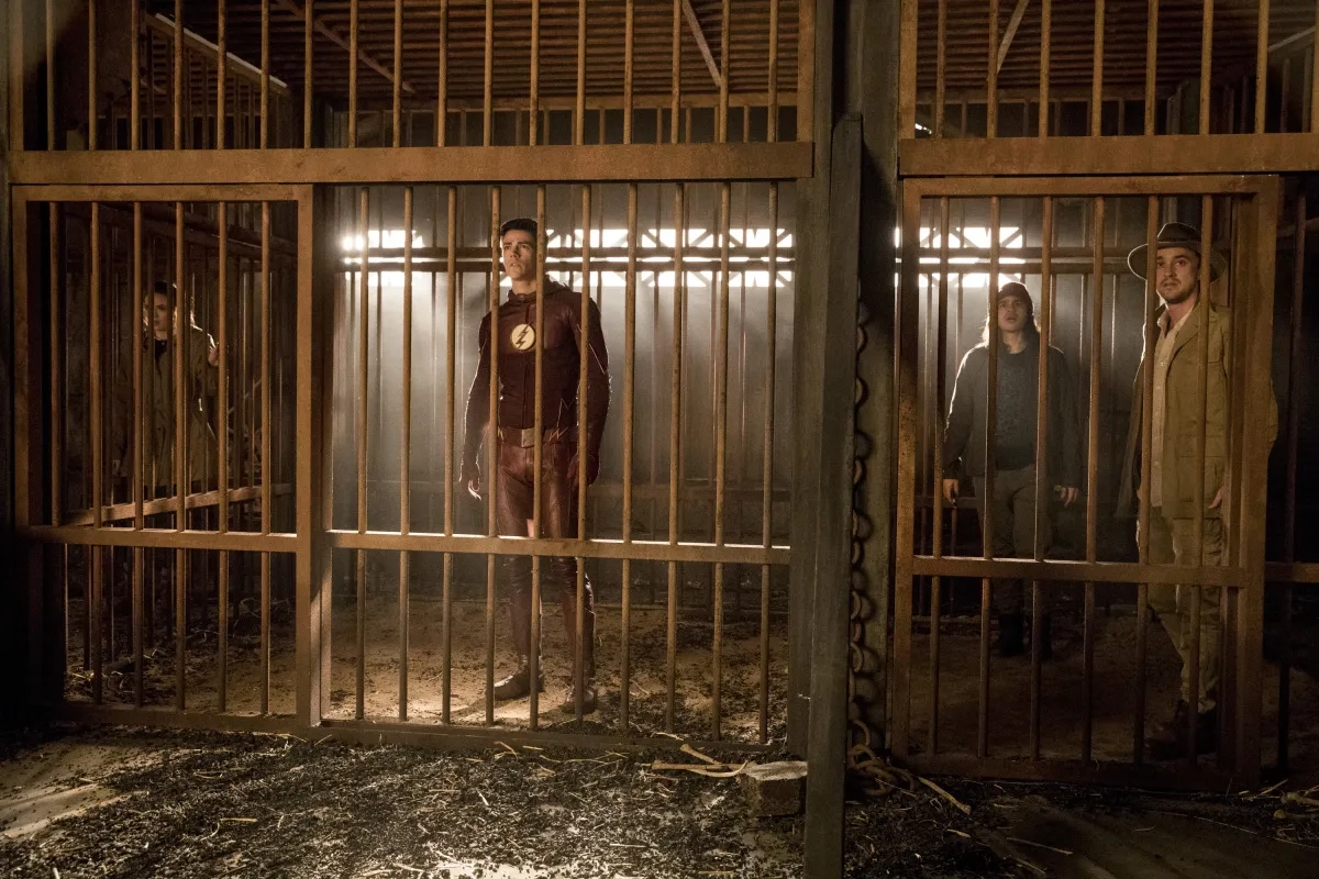 Tom Felton, Danielle Panabaker, Grant Gustin, and Carlos Valdes in The Flash (2014)