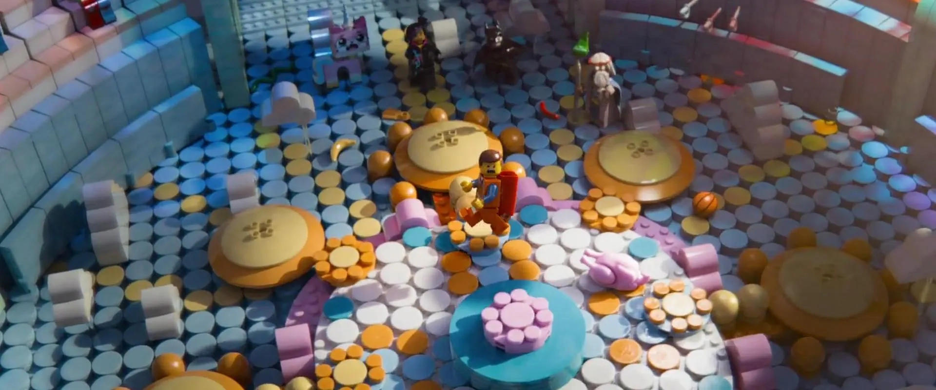 Morgan Freeman, Will Arnett, Elizabeth Banks, Chris Pratt, and Alison Brie in The Lego Movie (2014)