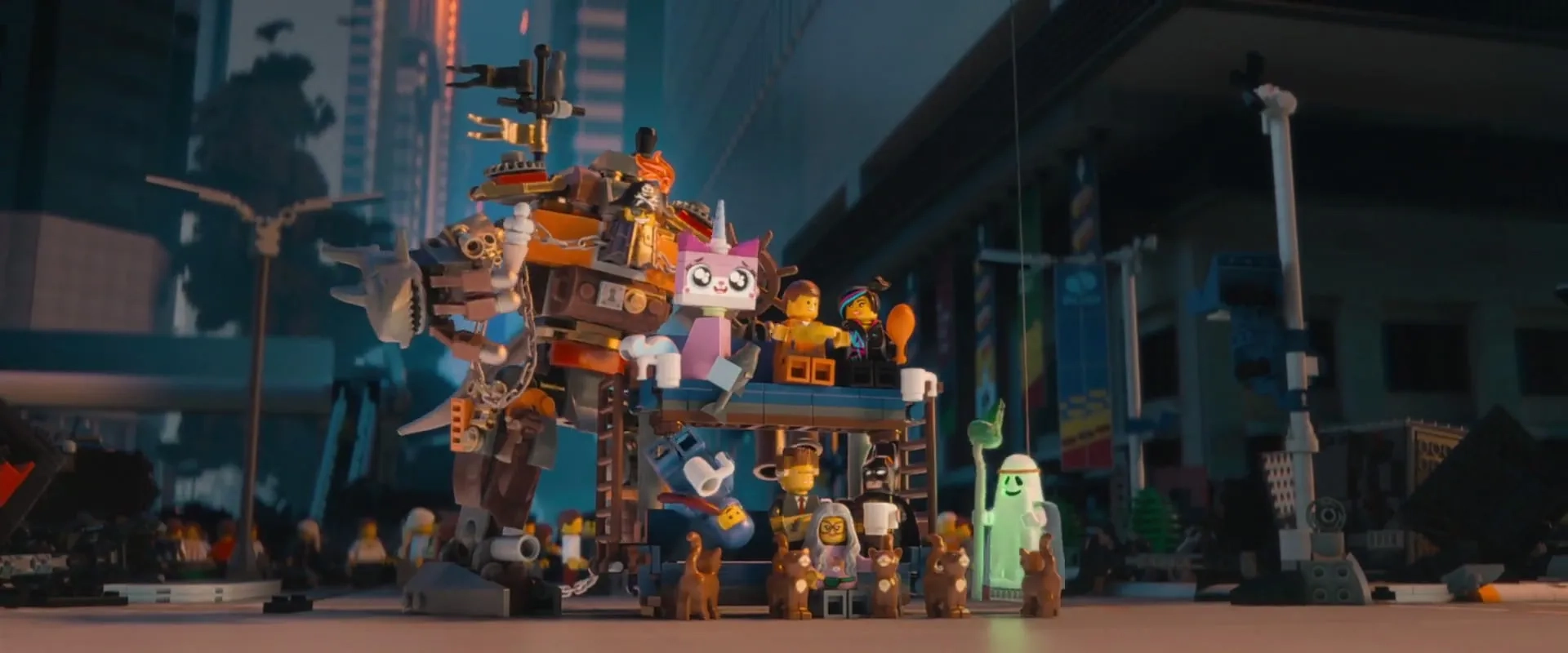 Morgan Freeman, Will Ferrell, Will Arnett, Elizabeth Banks, Charlie Day, Nick Offerman, Chris Pratt, and Alison Brie in The Lego Movie (2014)