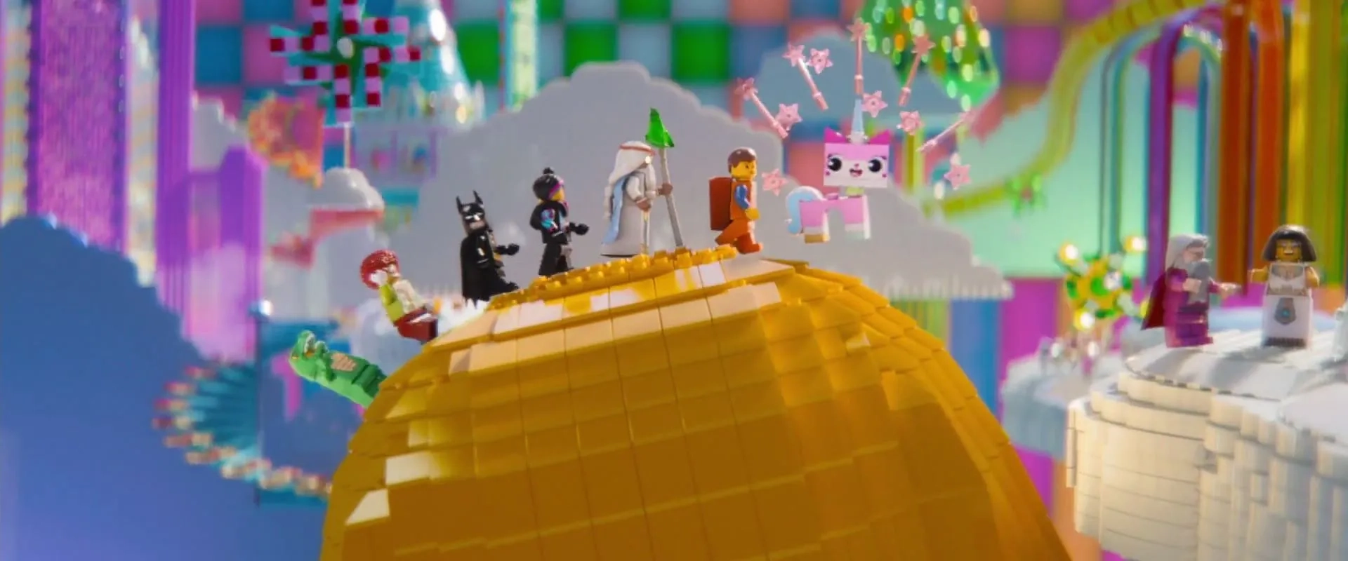 Morgan Freeman, Will Arnett, Elizabeth Banks, Chris Pratt, and Alison Brie in The Lego Movie (2014)