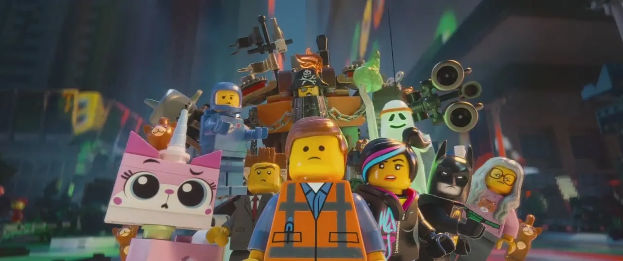 Morgan Freeman, Will Ferrell, Will Arnett, Elizabeth Banks, Charlie Day, Nick Offerman, Chris Pratt, and Alison Brie in The Lego Movie (2014)