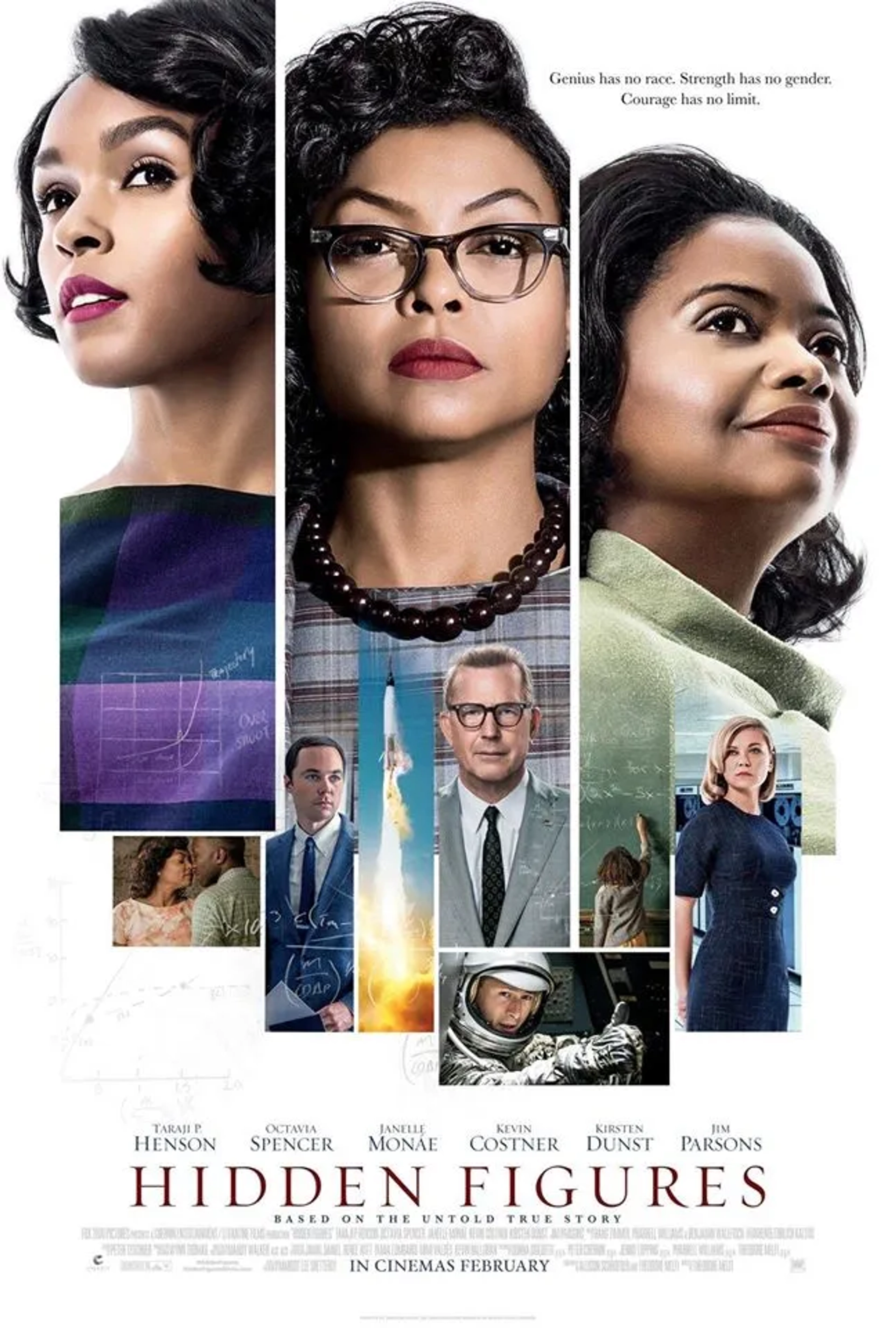 Kevin Costner, Kirsten Dunst, Taraji P. Henson, Octavia Spencer, Jim Parsons, and Janelle Monáe in Hidden Figures (2016)