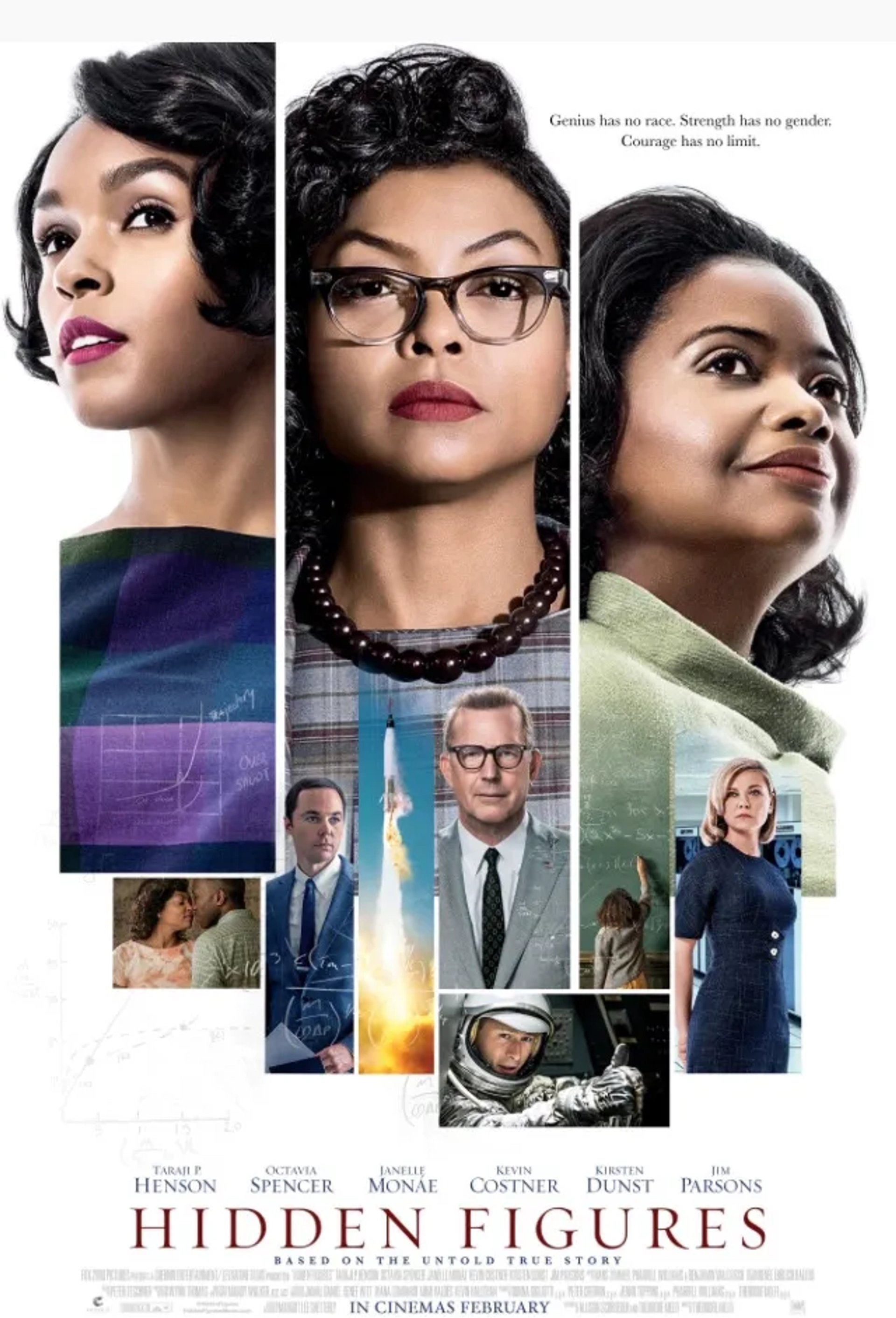 Kevin Costner, Kirsten Dunst, Taraji P. Henson, Octavia Spencer, Mahershala Ali, Glen Powell, Jim Parsons, and Janelle Monáe in Hidden Figures (2016)