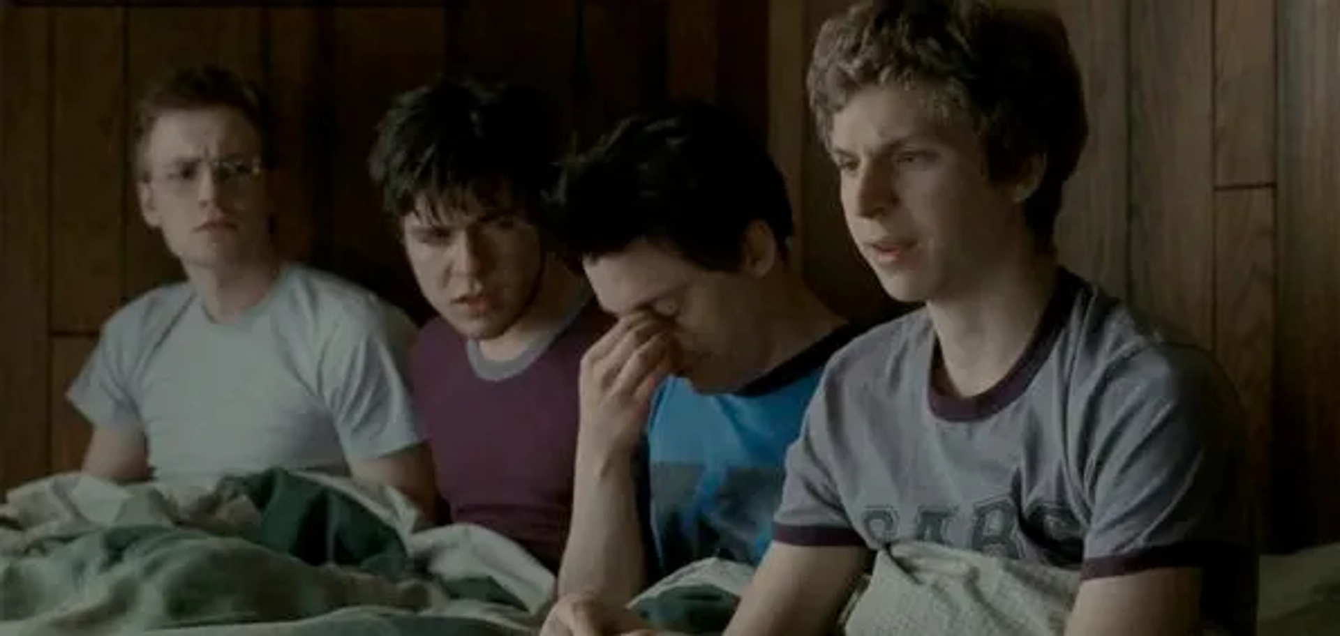 Kjartan Hewitt as Jimmy, Ben Lewis as "Other Scott", Kieran Culkin as Wallace Wells and Michael Cera as Scott Pilgrim in "Scott Pilgrim vs. the World"