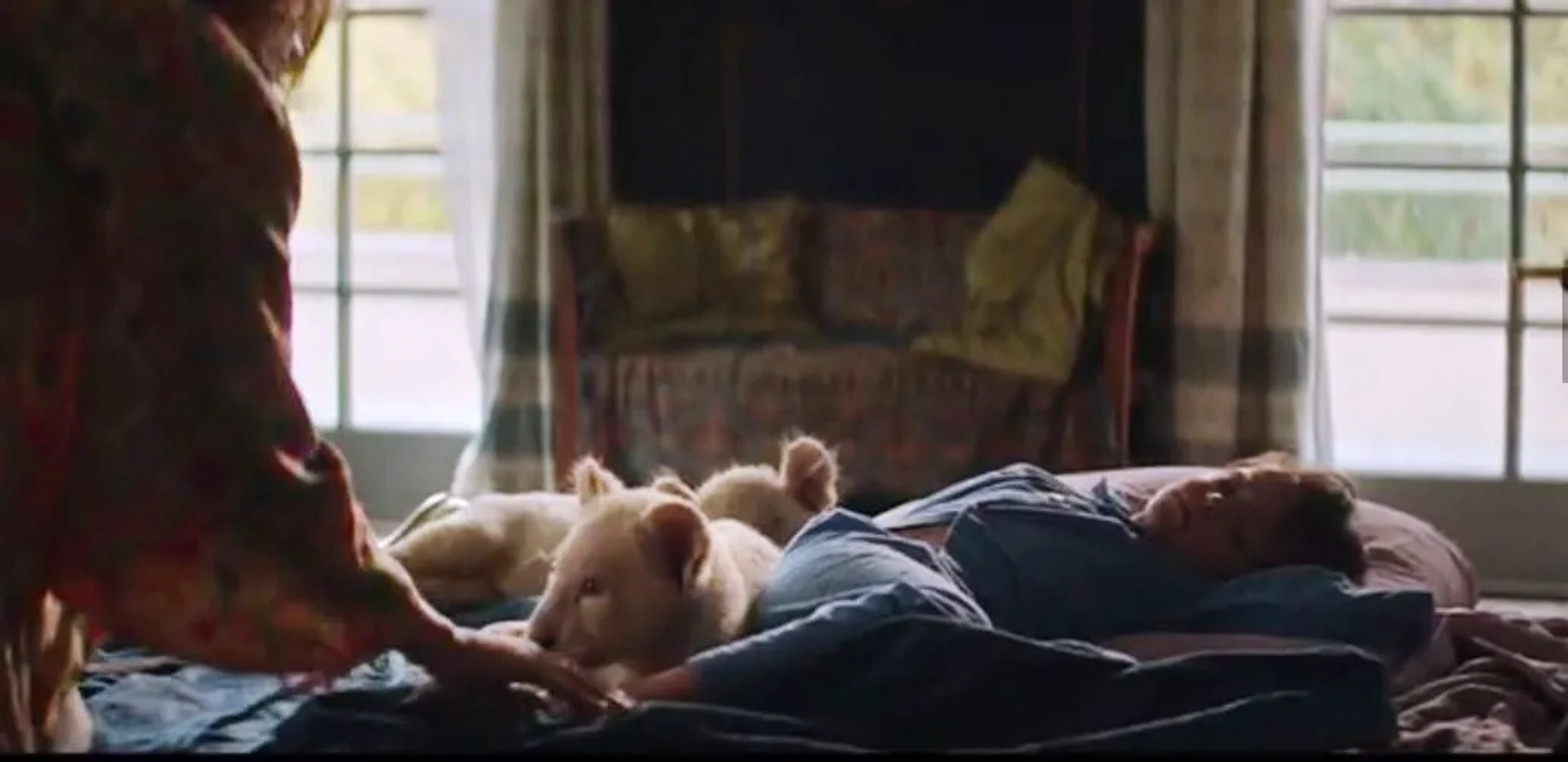 Timothy Radford with Jessica Chastain and the very cute lion cubs in the opening scene of The Zookeepers Wife