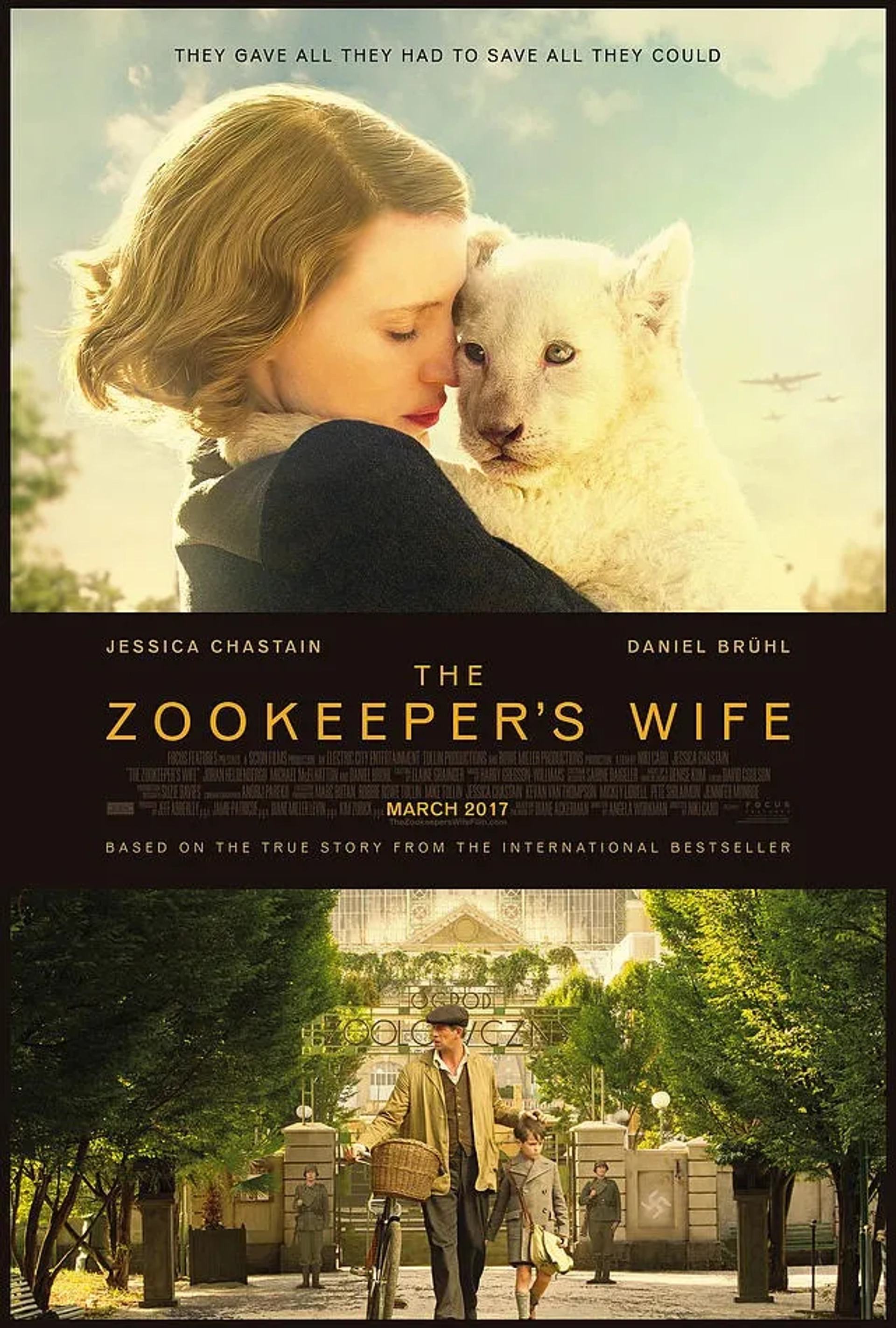 Jessica Chastain, Johan Heldenberg and Timothy Radford n The Zookeeper's Wife poster