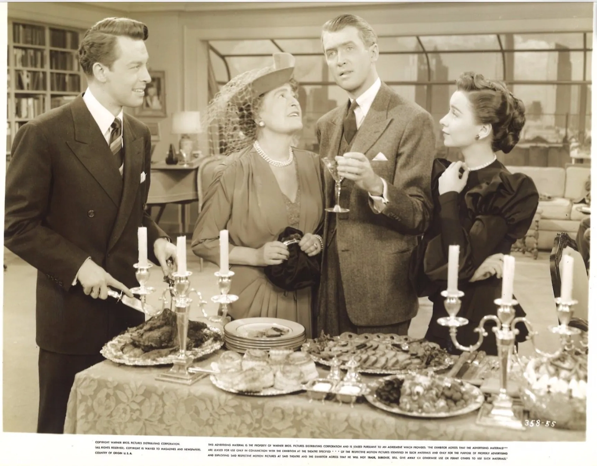 James Stewart, Joan Chandler, Constance Collier, and John Dall in Rope (1948)