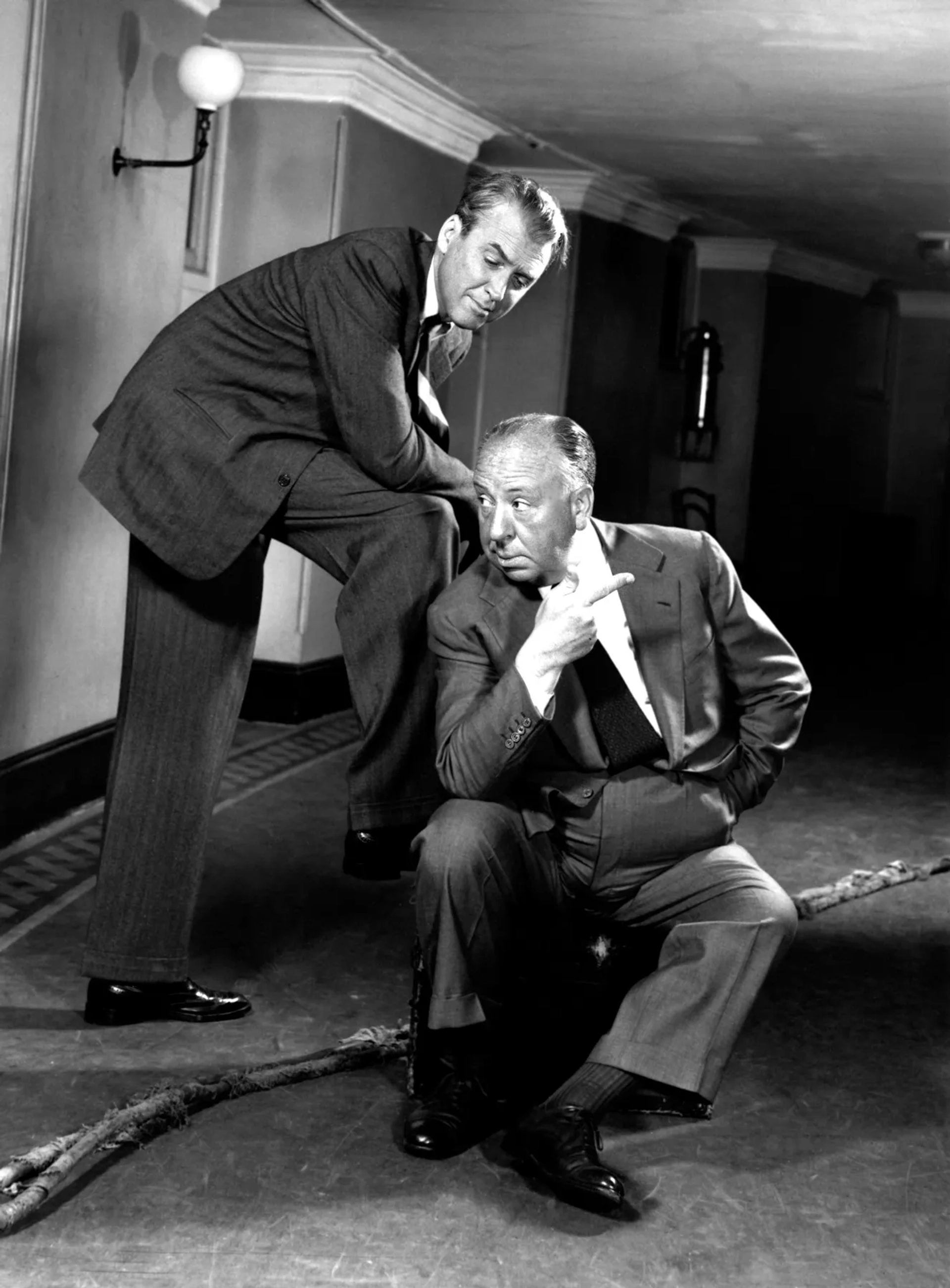 Alfred Hitchcock and James Stewart in Rope (1948)