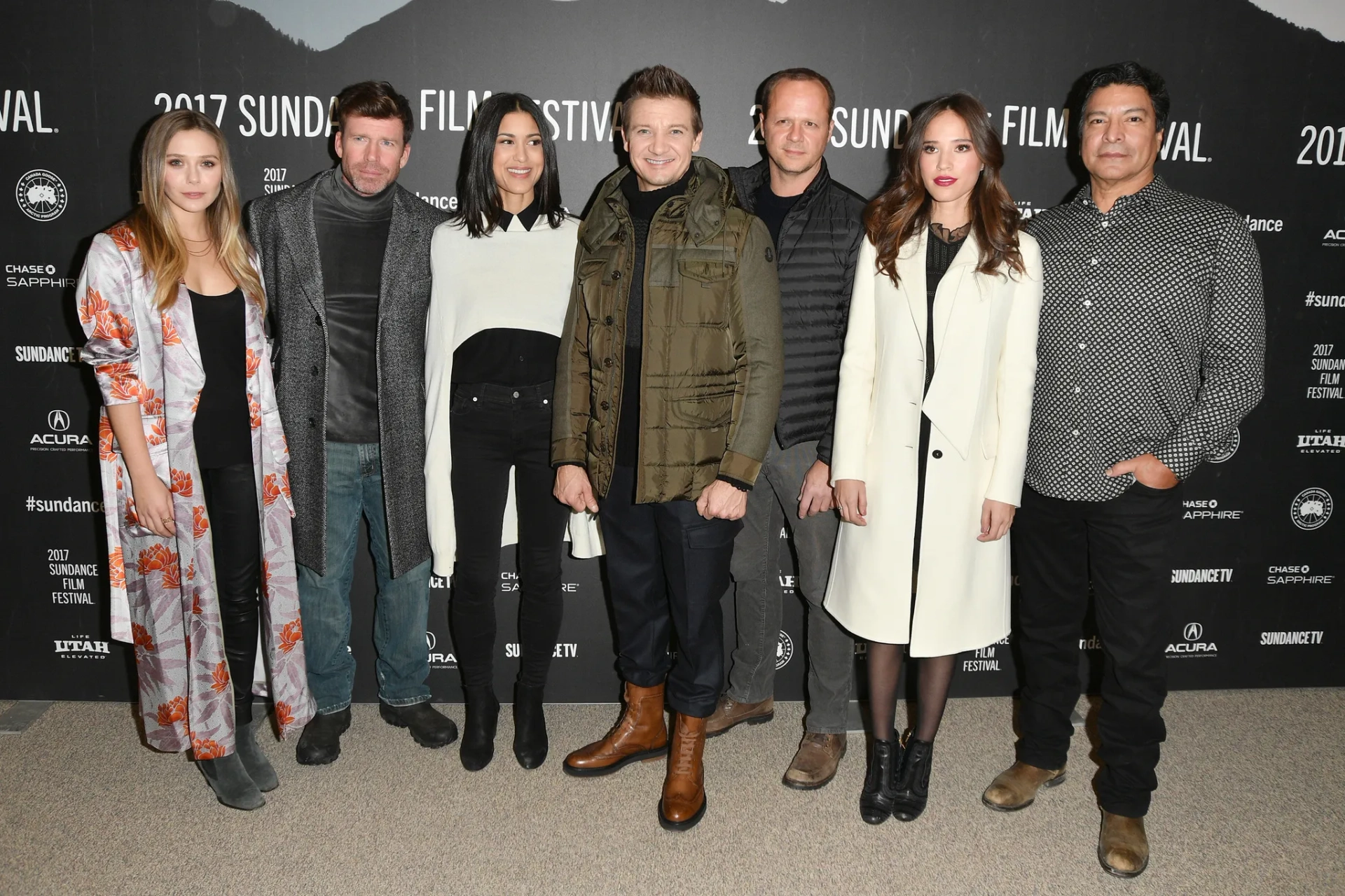 Gil Birmingham, Norman Lehnert, Elizabeth Olsen, Jeremy Renner, Taylor Sheridan, Julia Jones, and Kelsey Asbille at an event for Wind River (2017)