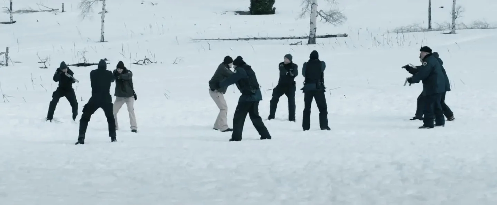 Graham Greene, Ian Bohen, Matthew Del Negro, Hugh Dillon, Elizabeth Olsen, Gabriel Casdorph, Chris Romrell, Austin R. Grant, and Mason D. Davis in Wind River (2017)