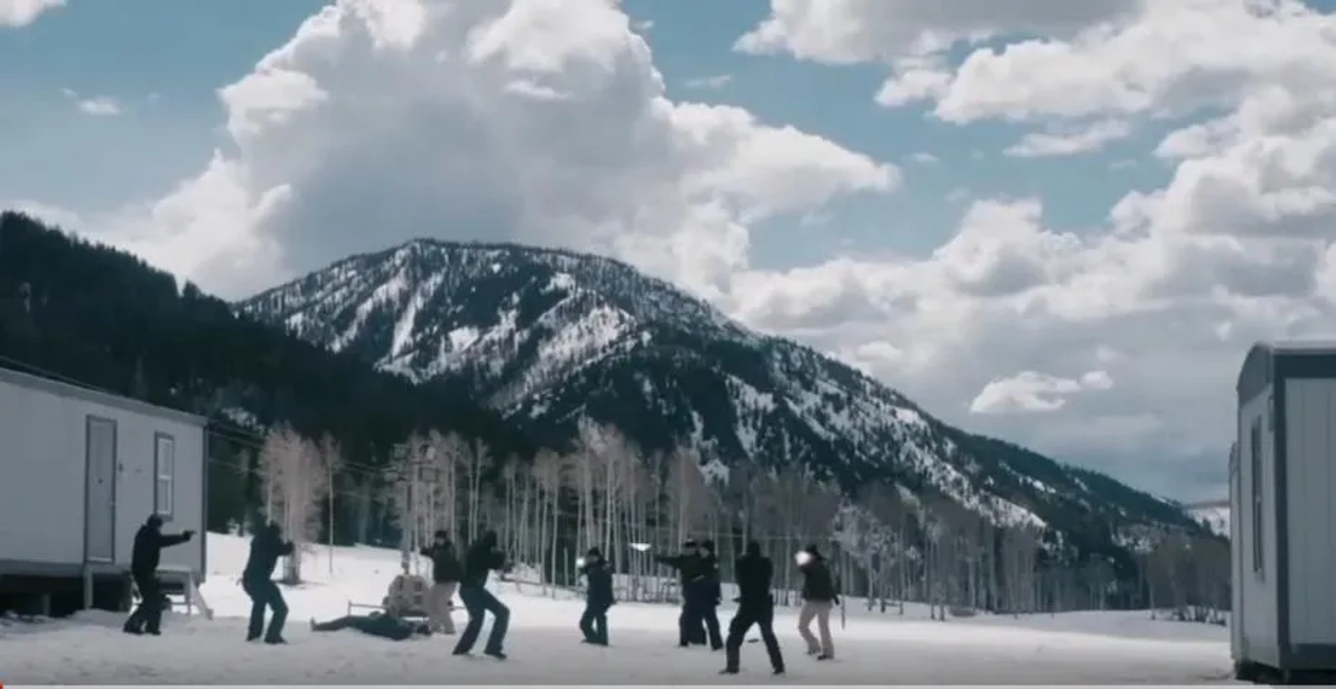 Graham Greene, Ian Bohen, Matthew Del Negro, Hugh Dillon, Elizabeth Olsen, Gabriel Casdorph, Shayne J. Cullen, Chris Romrell, Mason D. Davis, and Dallin Tusieseina in Wind River (2017)