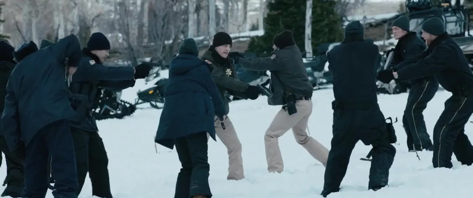 Graham Greene, Ian Bohen, Hugh Dillon, Elizabeth Olsen, and Austin R. Grant in Wind River (2017)