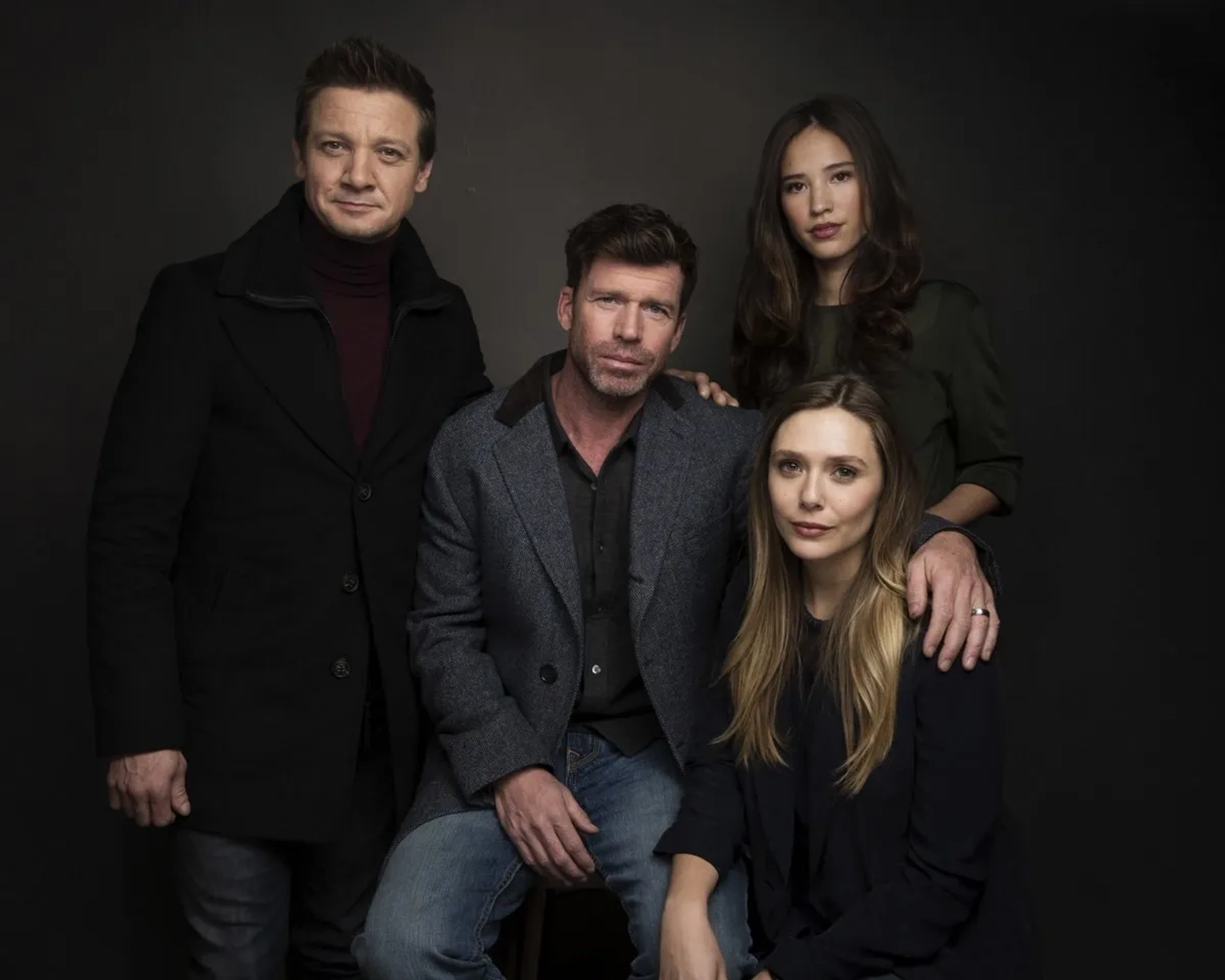 Elizabeth Olsen, Jeremy Renner, Taylor Sheridan, and Kelsey Asbille in Wind River (2017)