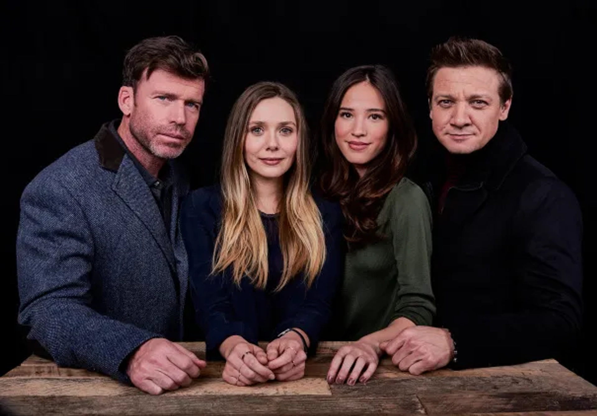 Elizabeth Olsen, Jeremy Renner, Taylor Sheridan, and Kelsey Asbille at an event for Wind River (2017)