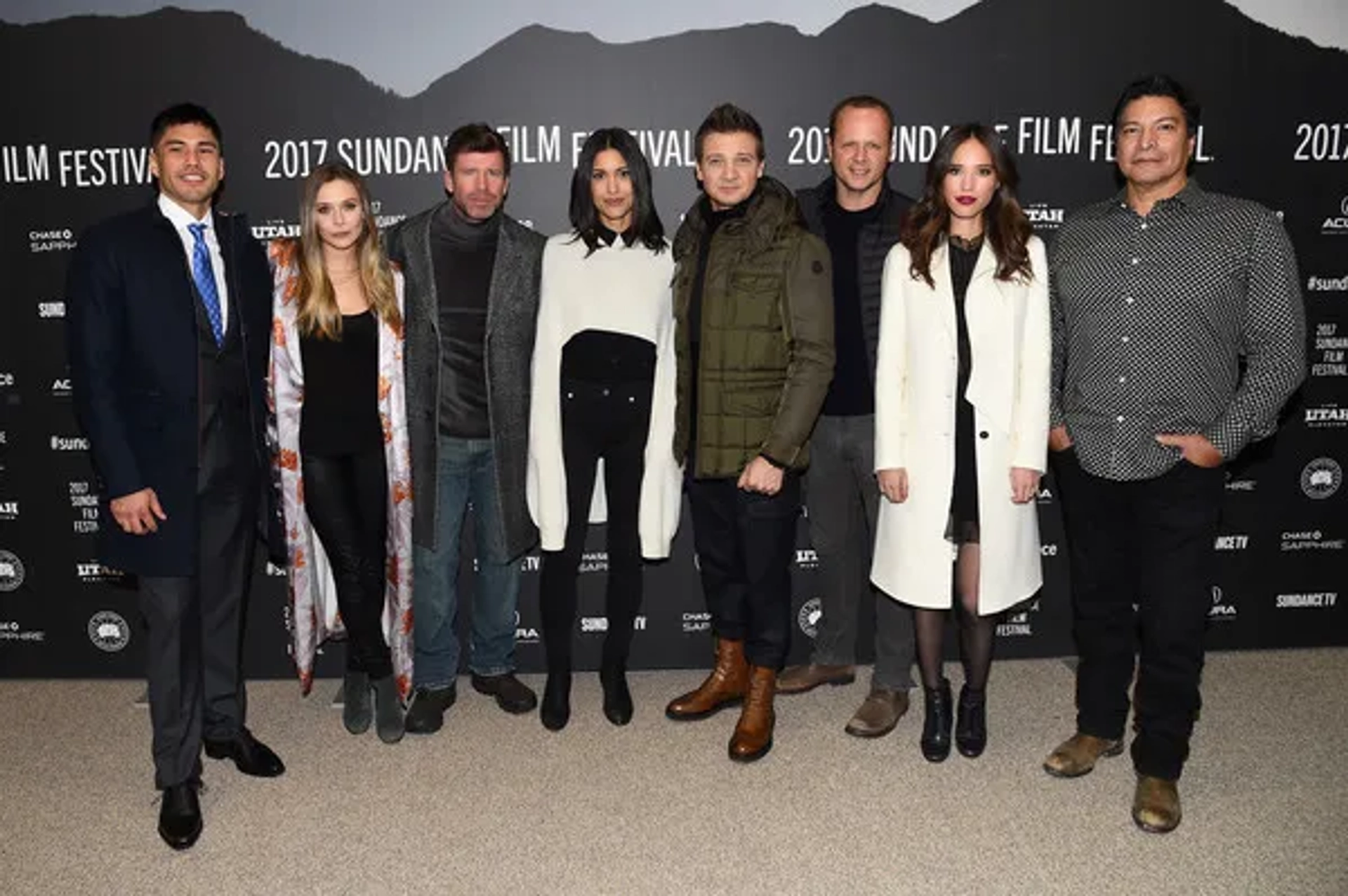 Gil Birmingham, Norman Lehnert, Elizabeth Olsen, Jeremy Renner, Taylor Sheridan, Julia Jones, and Kelsey Asbille at an event for Wind River (2017)